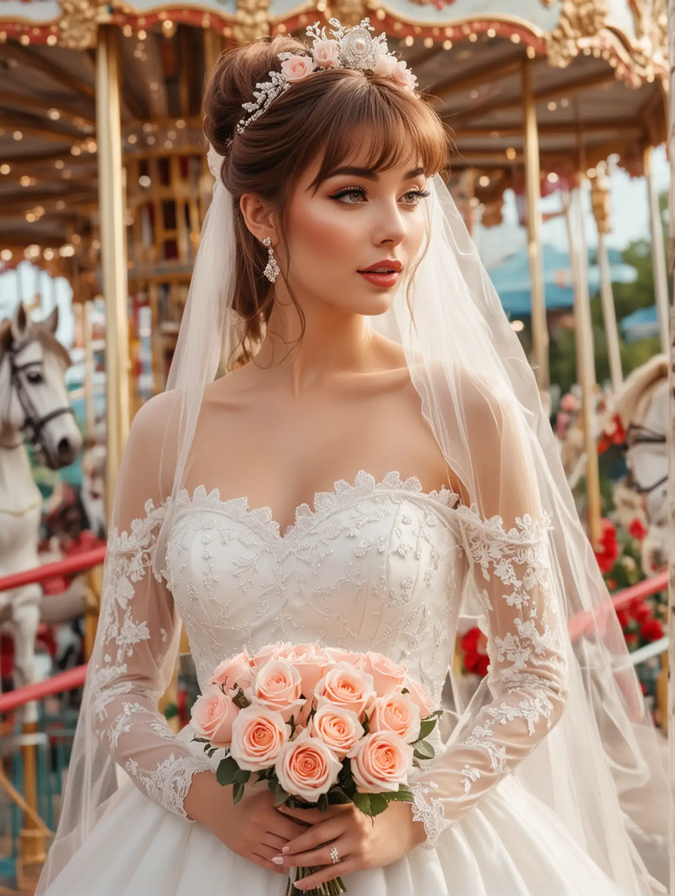 A beautiful woman in a white wedding dress with lace and tulle stands near the carousel at an amusement park. She is holding a bouquet of roses, with her hair styled in an elegant half-up style and flowing straight bangs. She has soft glam makeup with glossy lips and a white veil over her head. The scene has luxurious fashion, vibrant colors and bright daylight, creating a dreamy atmosphere