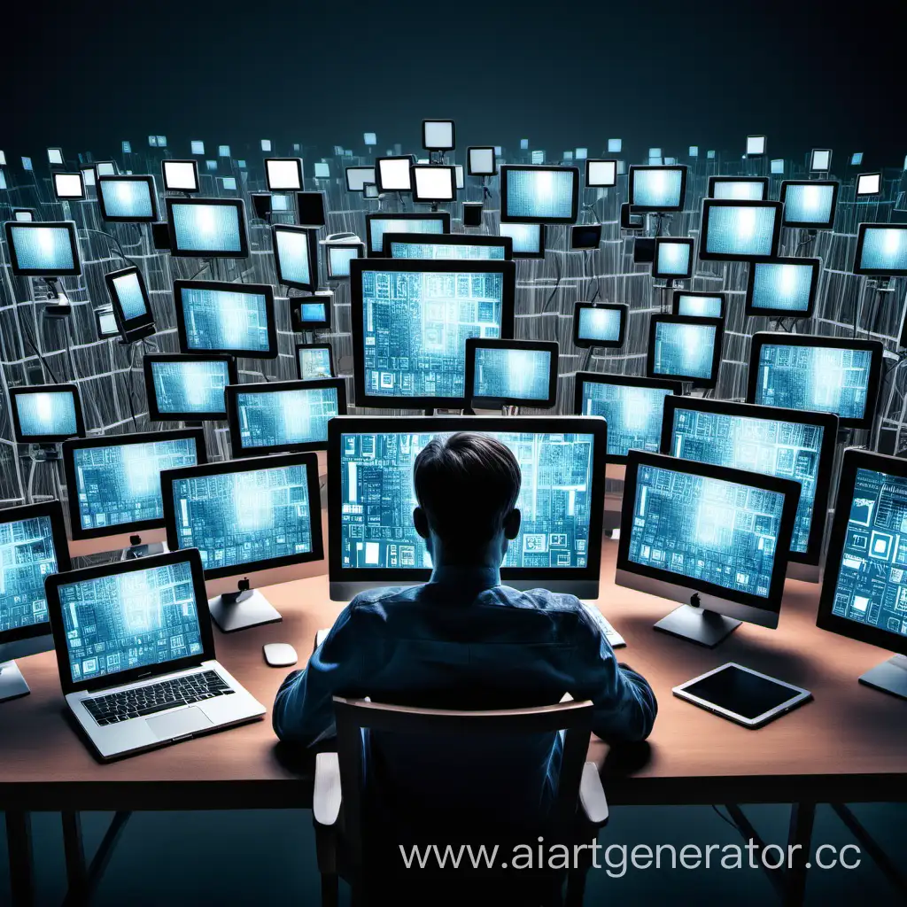 A person surrounded by screens, overwhelmed by digital devices