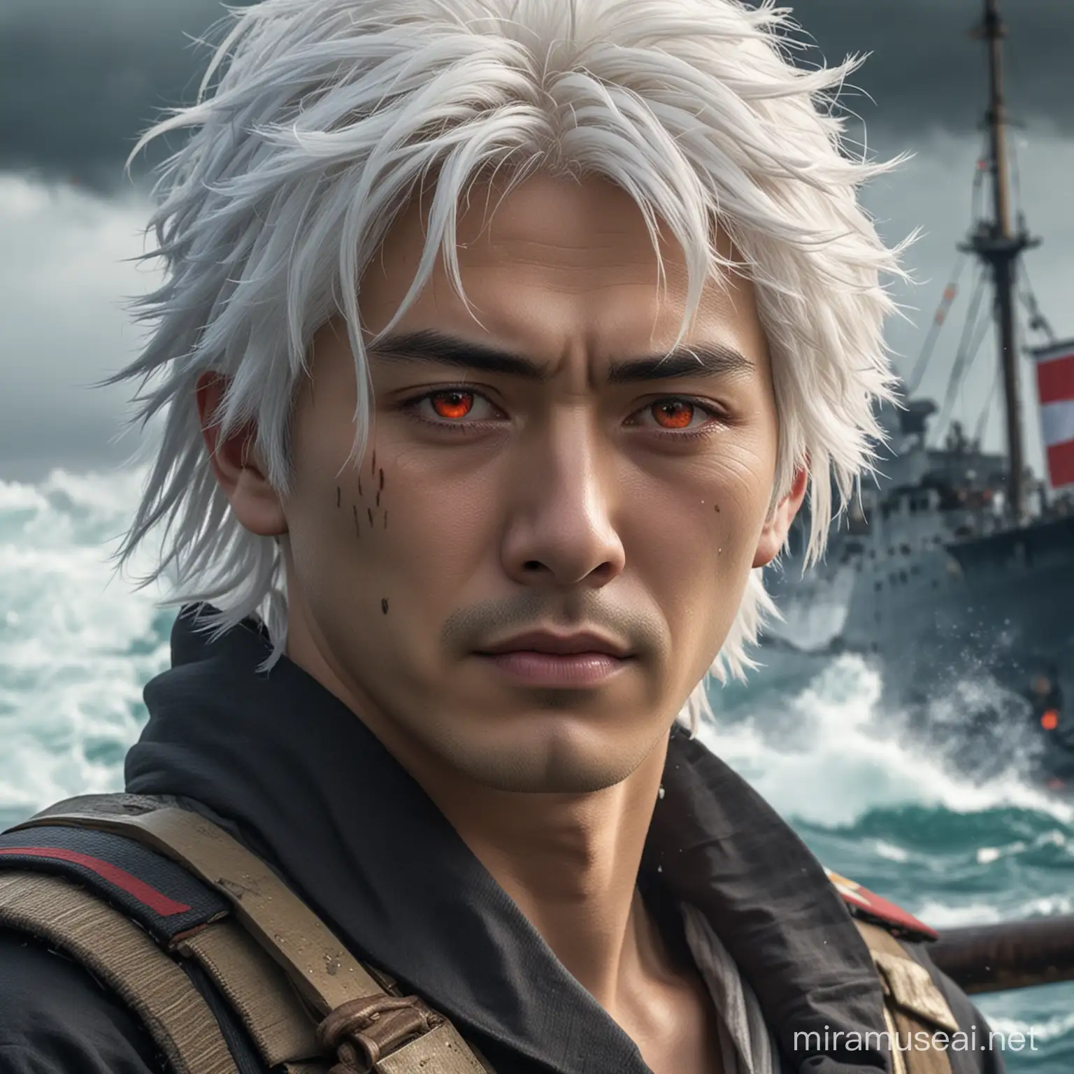 A guy with white hair and red eyes looks japanese in the front of a ship fighting a fleet by himself in the middle of the ocean 