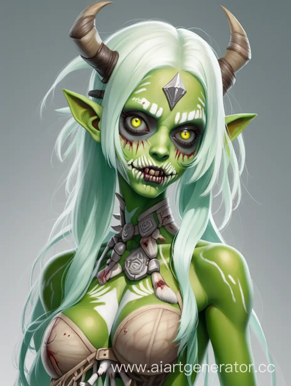 зеленокожая девушка-зомби-фавн с копытами с белыми волосами