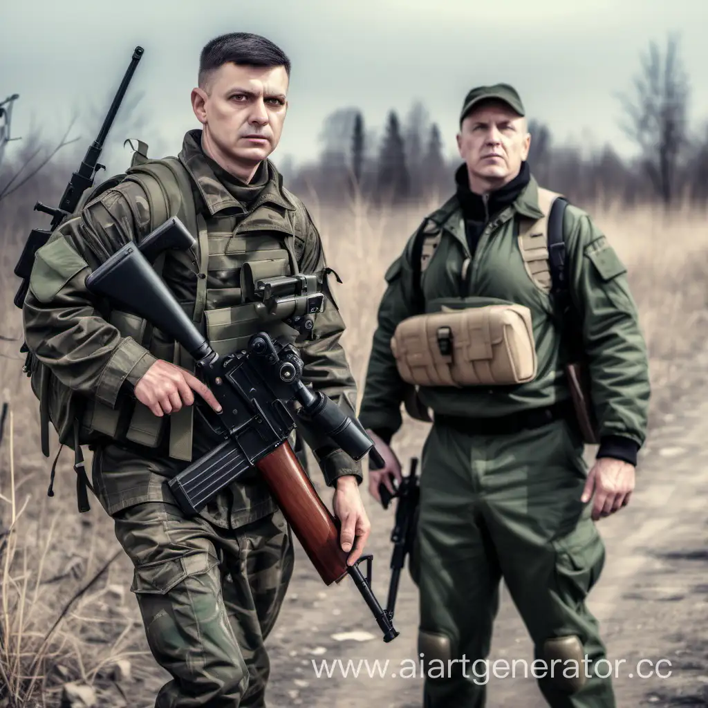 Military-Soldier-with-Rifle-and-Stalker-with-Radio-in-Wilderness