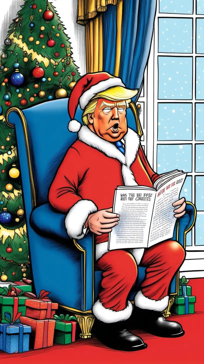 Cartoon Donald Trump in Santa Suit Reading Twas the Night Before Christmas in White House