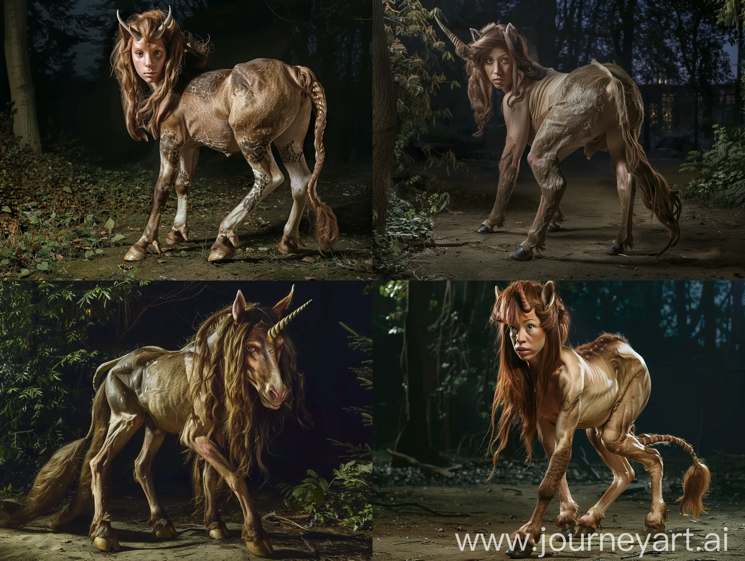 A female centaur. She has hooves and a tail. She has loose brown hair. She is standing on all fours in a forest at night. Realistic photograph, full body picture
