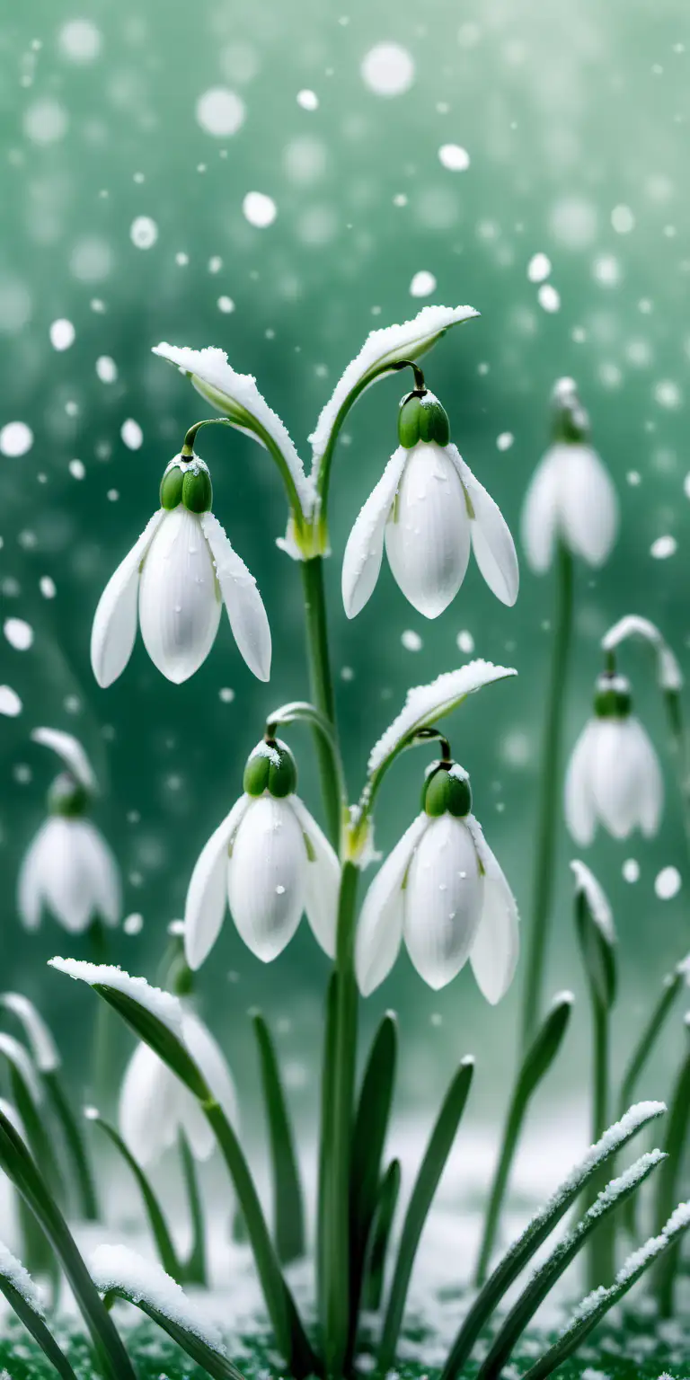 watercolour snowdrops on green background, falling snow, natural colour palette, soft focus, copy space