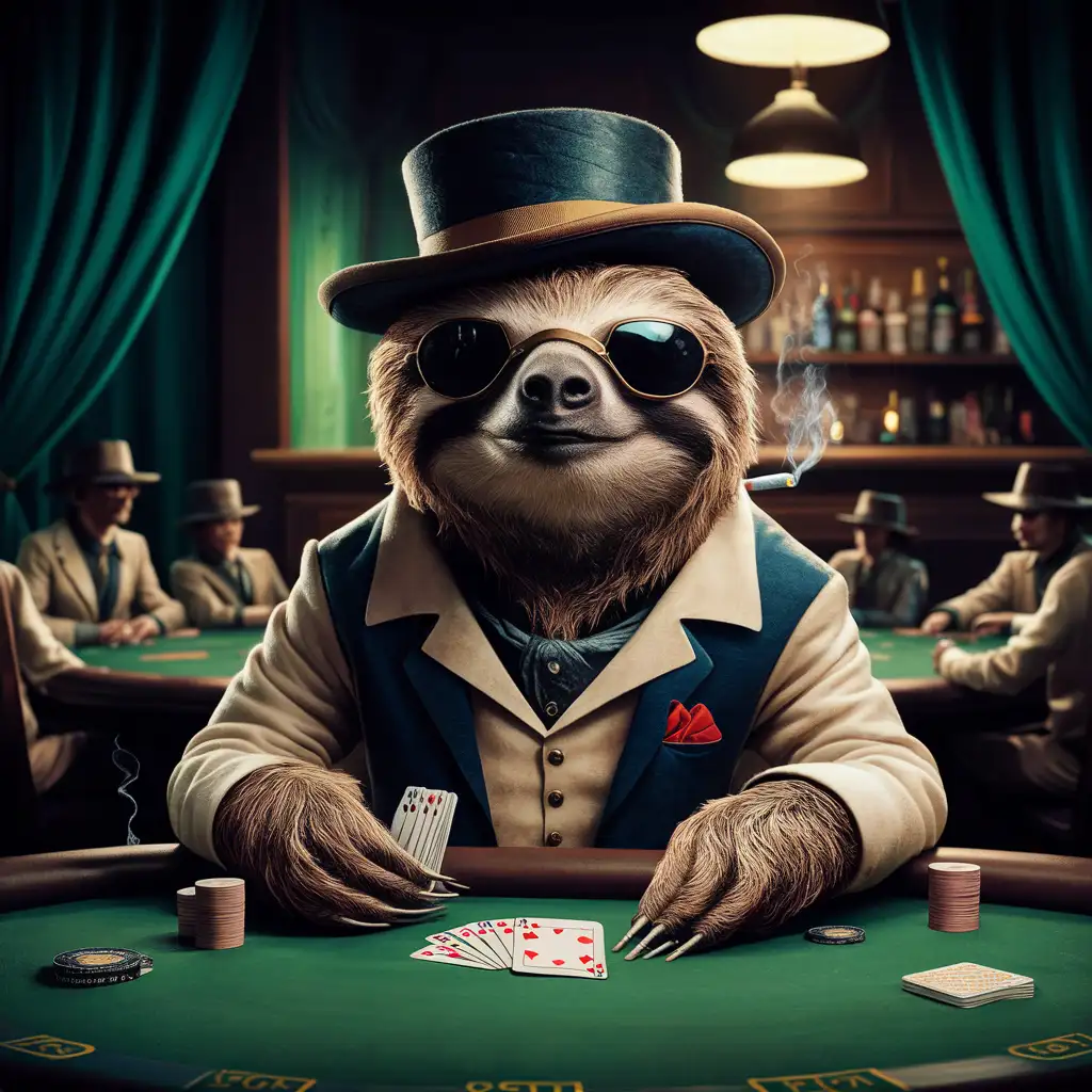 Sloth-Engaging-in-a-Poker-Game-Amid-Lush-Jungle-Foliage