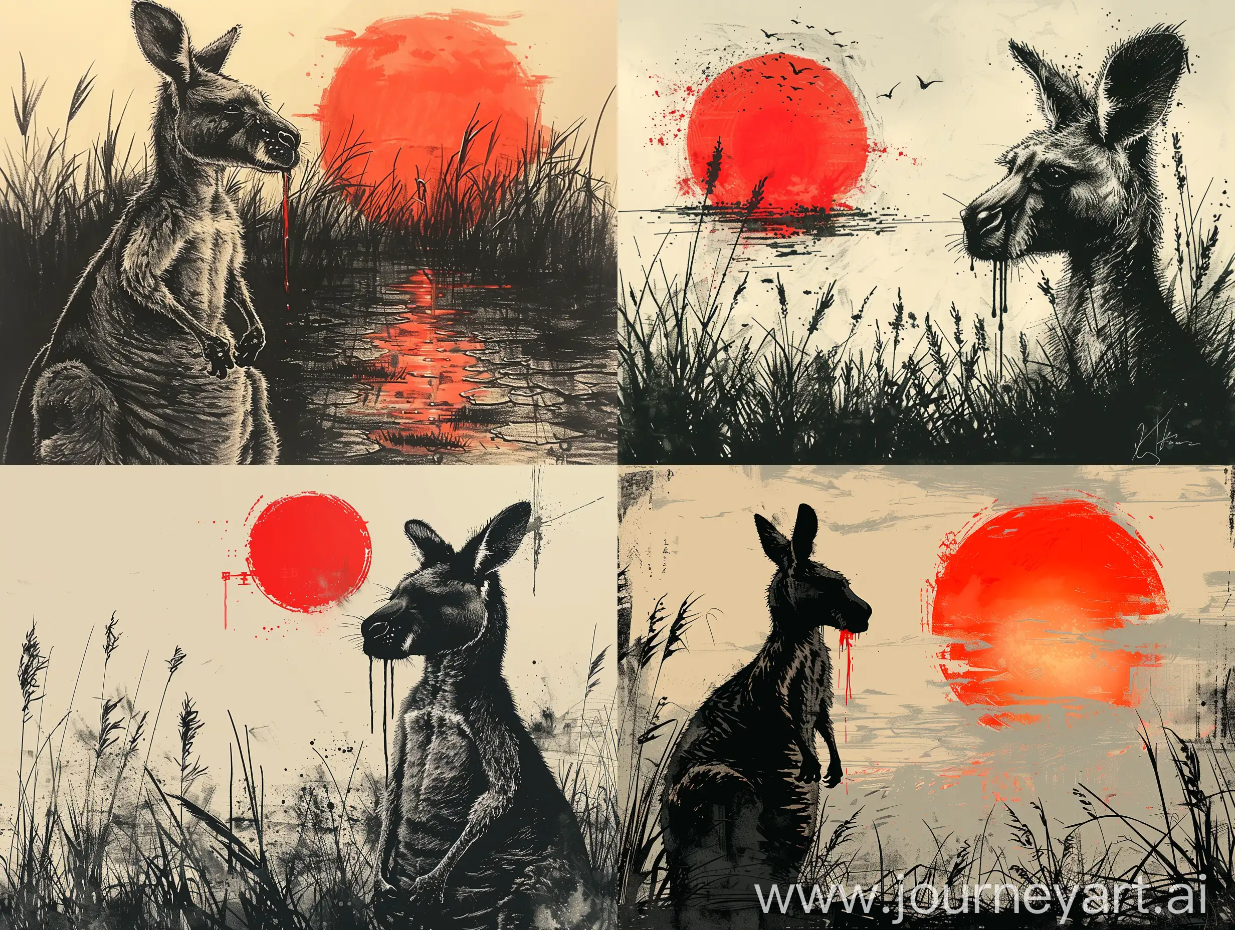 An anthropomorphic kangaroo with a samurai sword dripping blood, staring off into the setting sun, australian outback, Japanese ink drawing, in the style of samurai legends, intricate brushwork, setting sun  --stylize 750 --v 6
