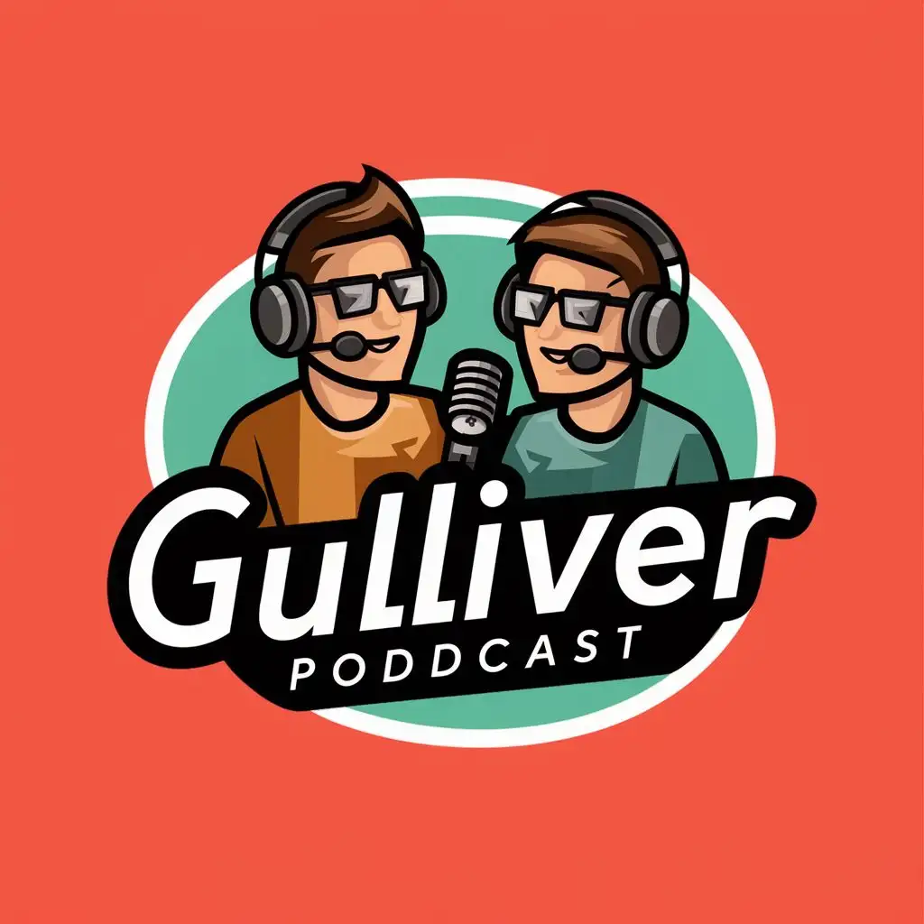 logo, youtube logo for podcast of 2 guys talking with headphones and microphone (theydon't wear glasses), with the text "GulliverPodcast", typography, be used in Entertainment industry