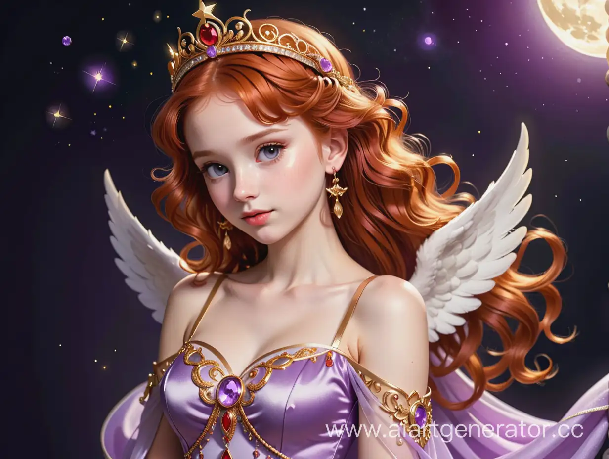 A red-haired angel girl wearing a golden tiara with a moon and a lilac dress in precious stones