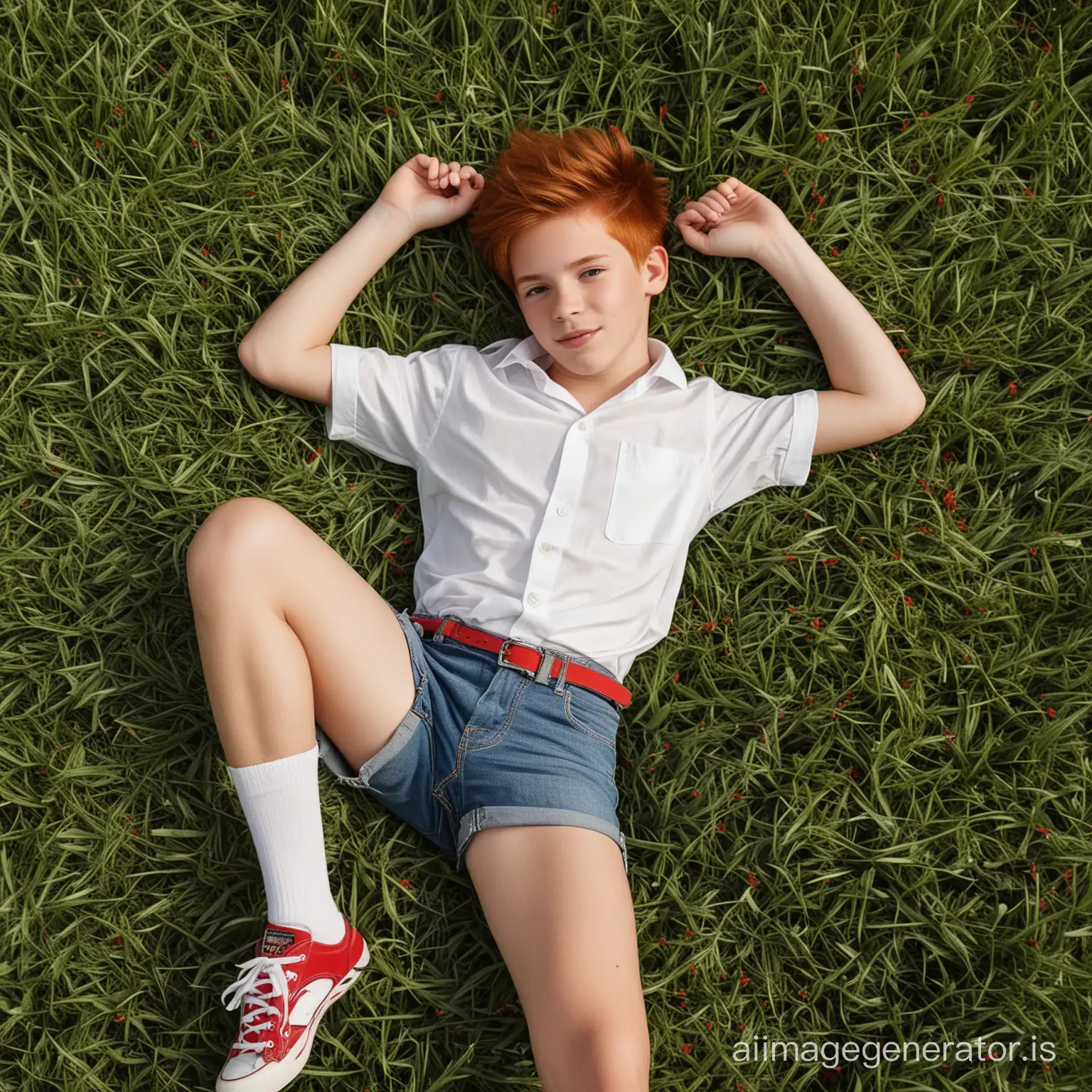 A charming photo showing a red-haired handsome boy of 14 years old, dressed in a white short-sleeved shirt with a red pattern, very short denim shorts with a red belt, long white knee-length socks, red sneakers. He is lying on his back in a field with lush green grass, with a relaxed and thoughtful expression on his face. The photo shows the boy in full.