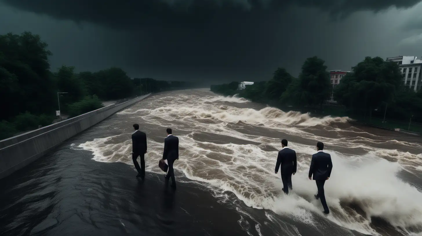 Businessmen Walking Along Stormy River Bank
