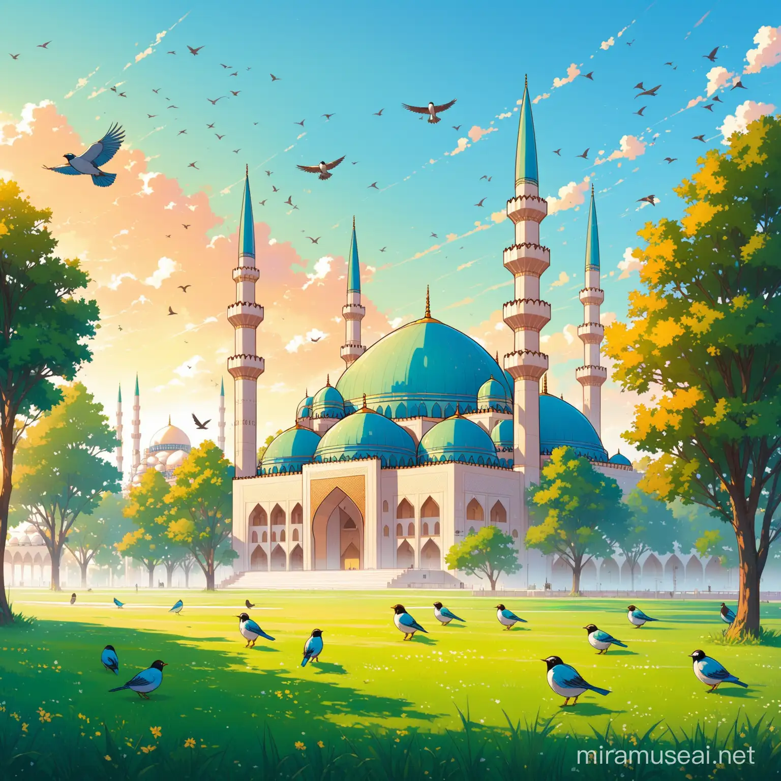 A big mosque + birds + trees + grass