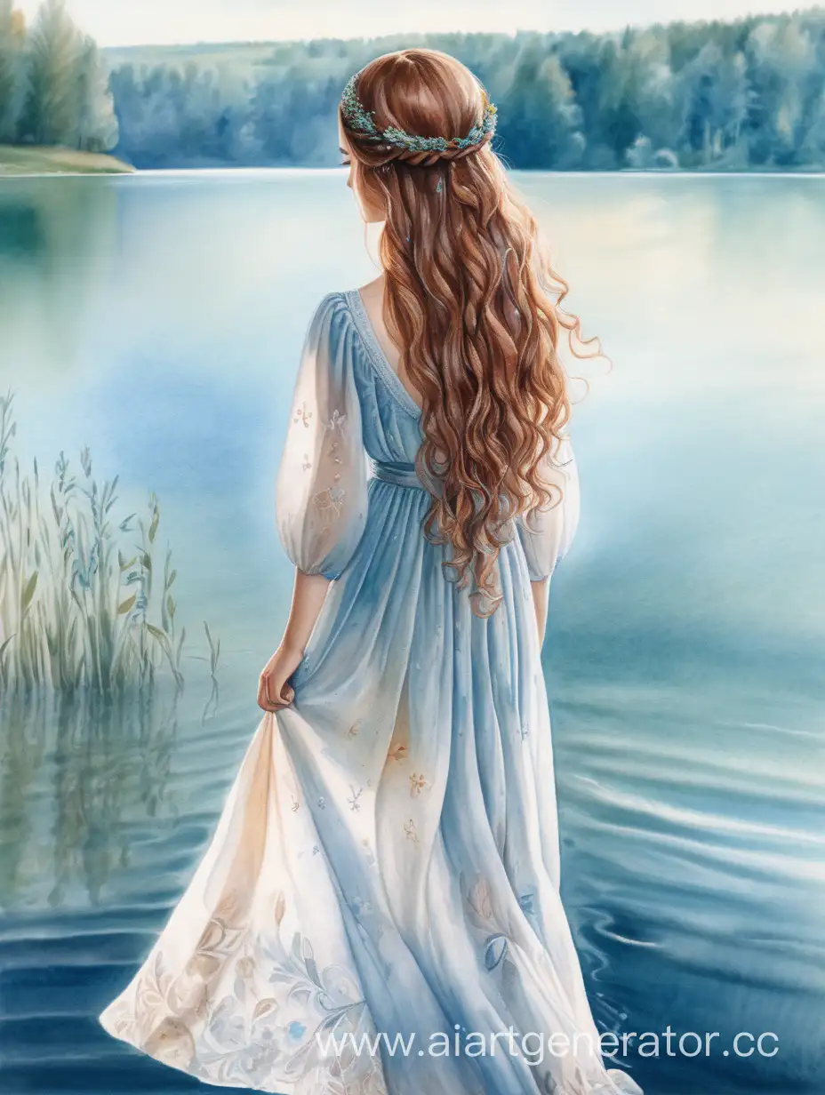 Ультра-детализация, мягкая акварель, яркая акварель, девушка славянская внешность, в длинном светлом платье, длинные каштановые волосы, локоны, круглое озеро, смотрит в воду, вид сзади, голова сзади смотрит в воду