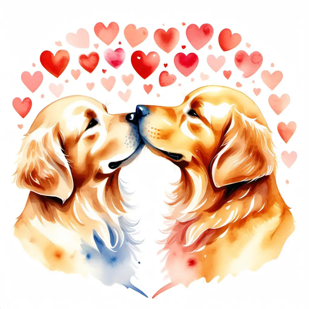 watercolor style, two golden retrievers touch noses with hearts around them on a white background.
