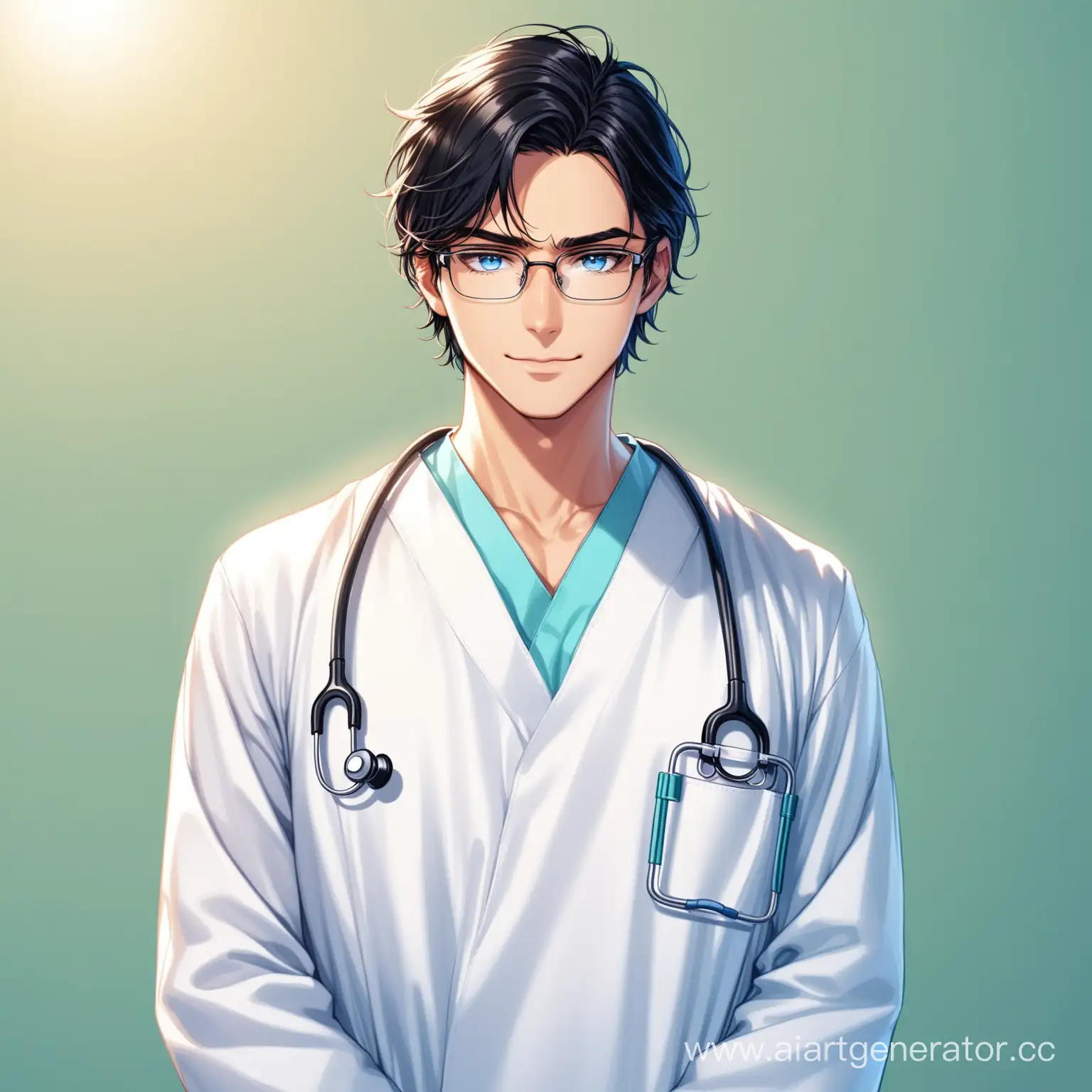 A nice guy, dressed in a medical gown and glasses, black hair and blue eyes
