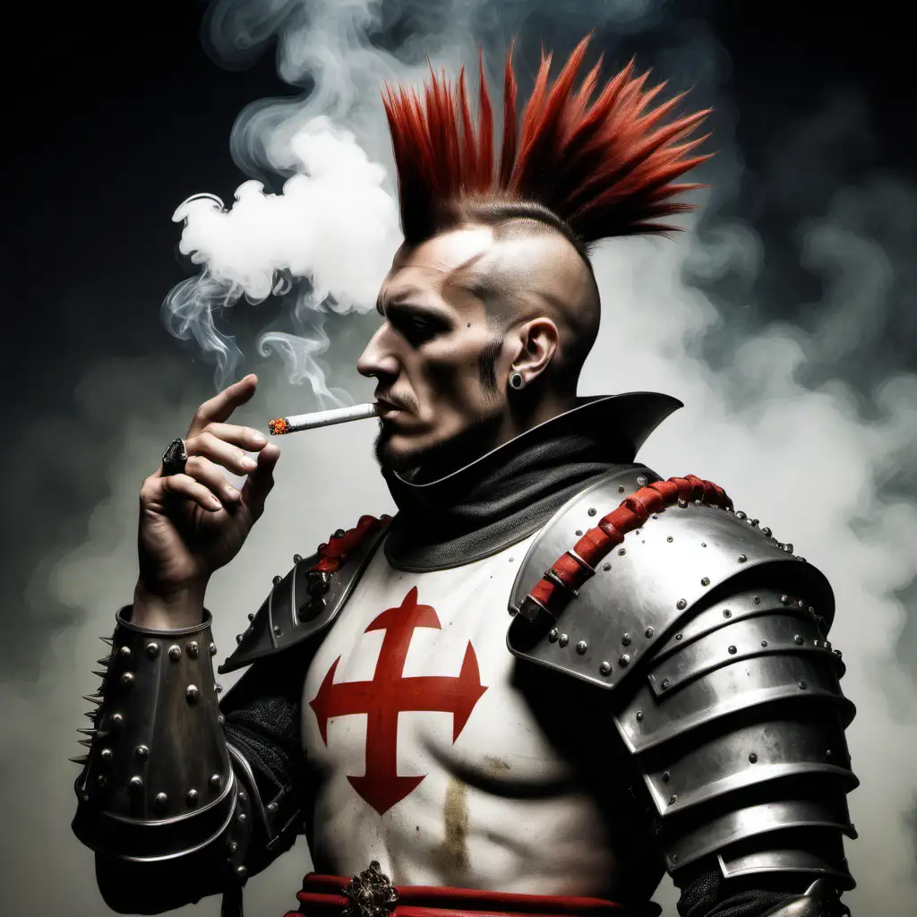 A crusader with a mohawk smoking a cigarette