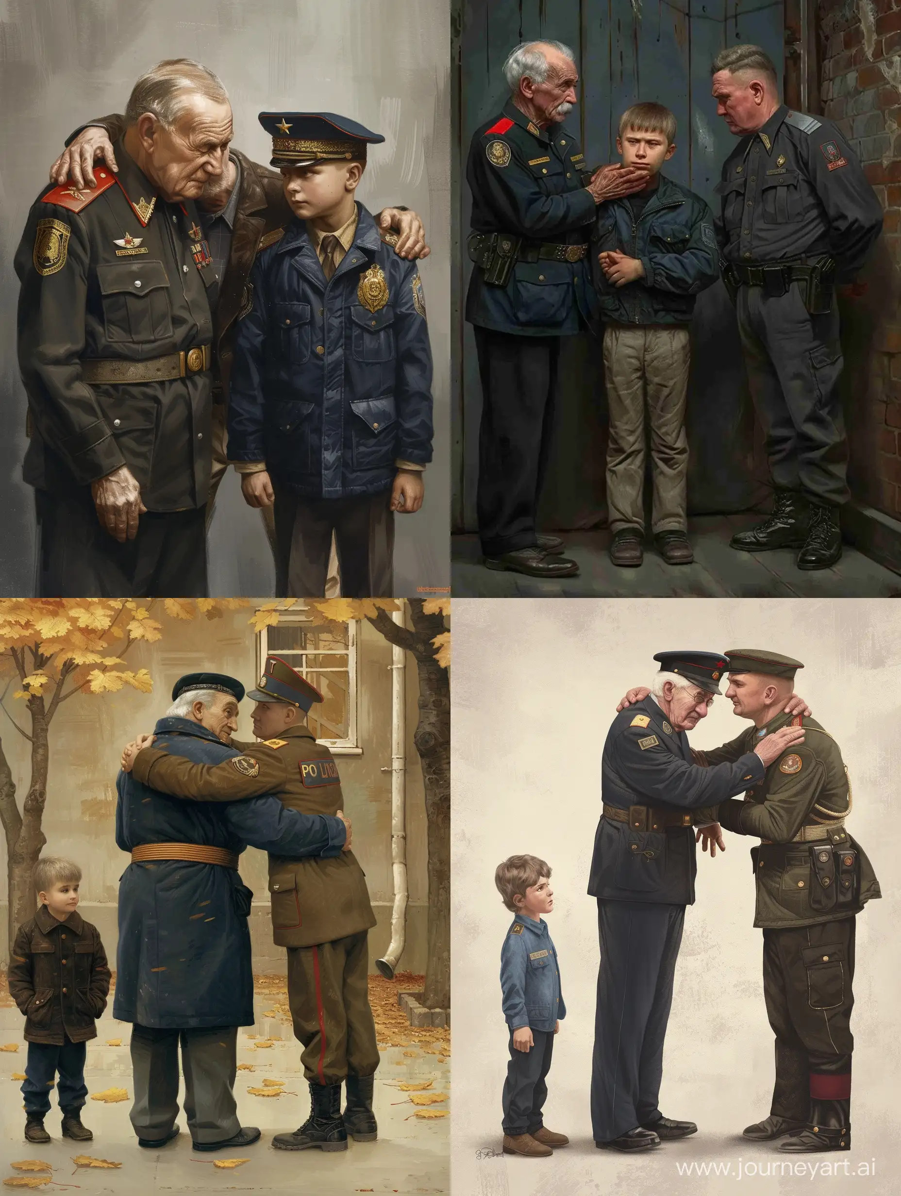 Российский пожилой полицейский стоит в обнимку с мужчиной офицером российской армии, рядом стоит мальчик 9 лет и смотрит на них с восхищением
