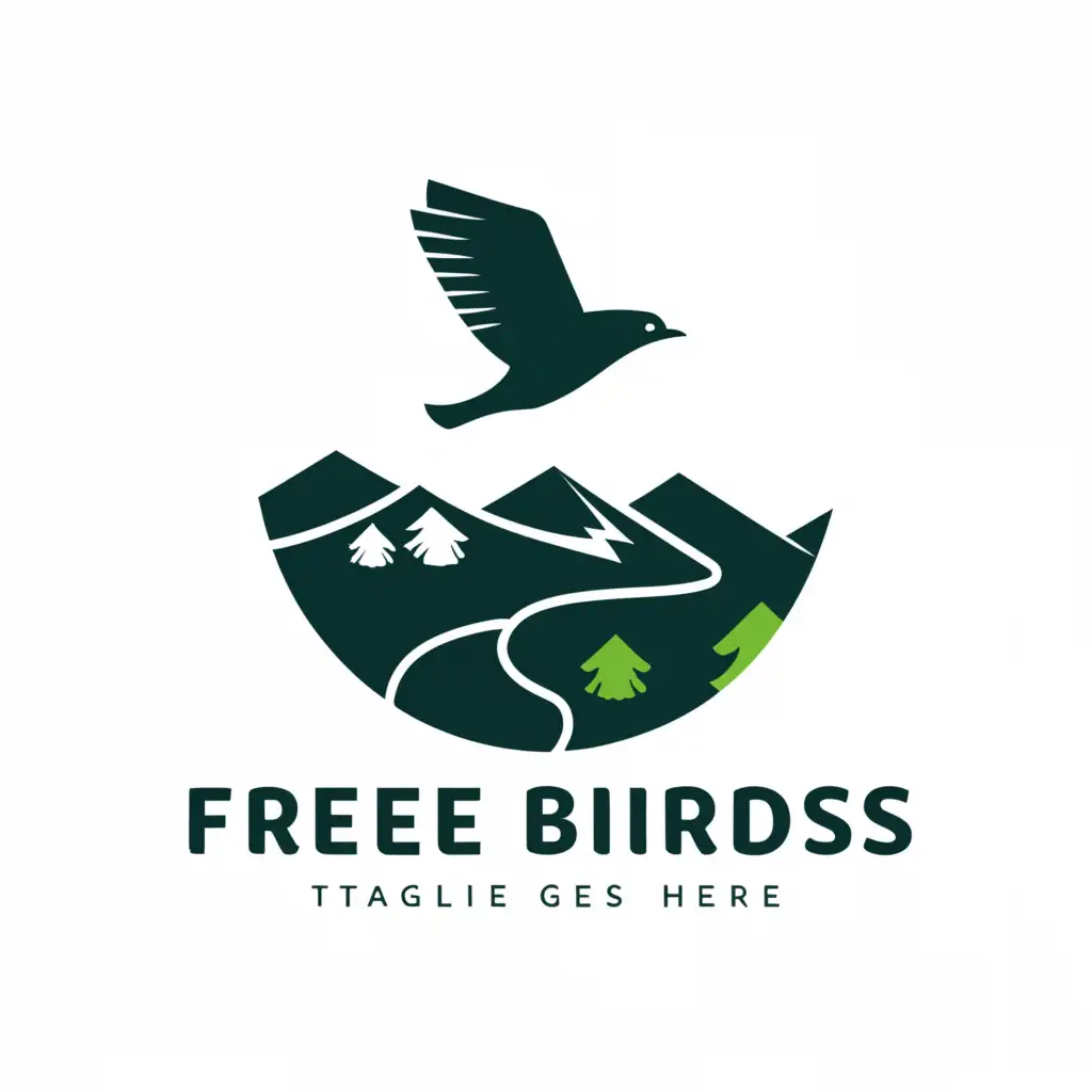a logo design,with the text "Free Birds", main symbol:flying Bird, forest, Mountains,Minimalistic,be used in Travel industry,clear background
