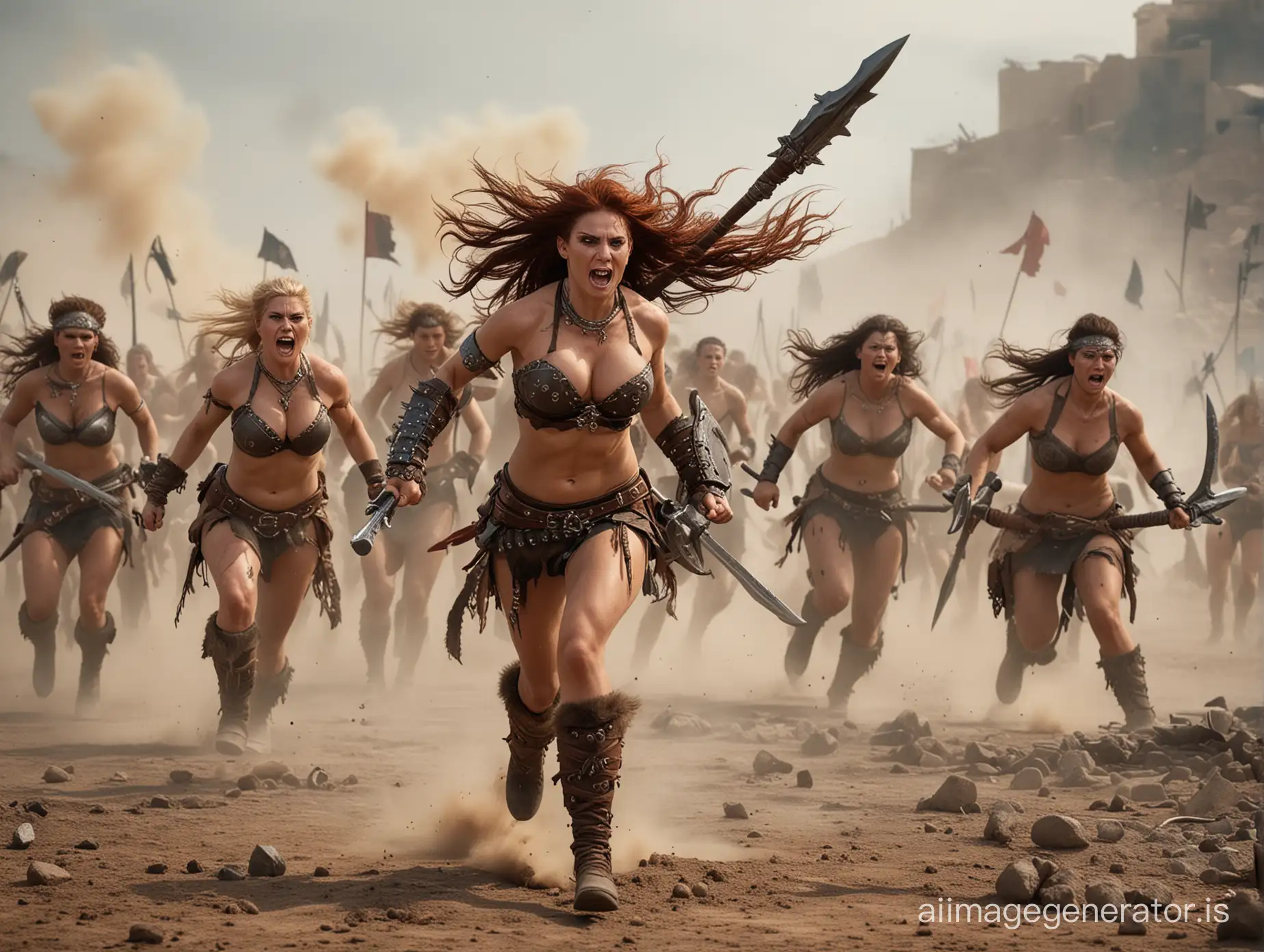 Scantily clad female barbarian horde charges, running, over the battlefield, kicking up dust, weapons raised.
Chaos and fires