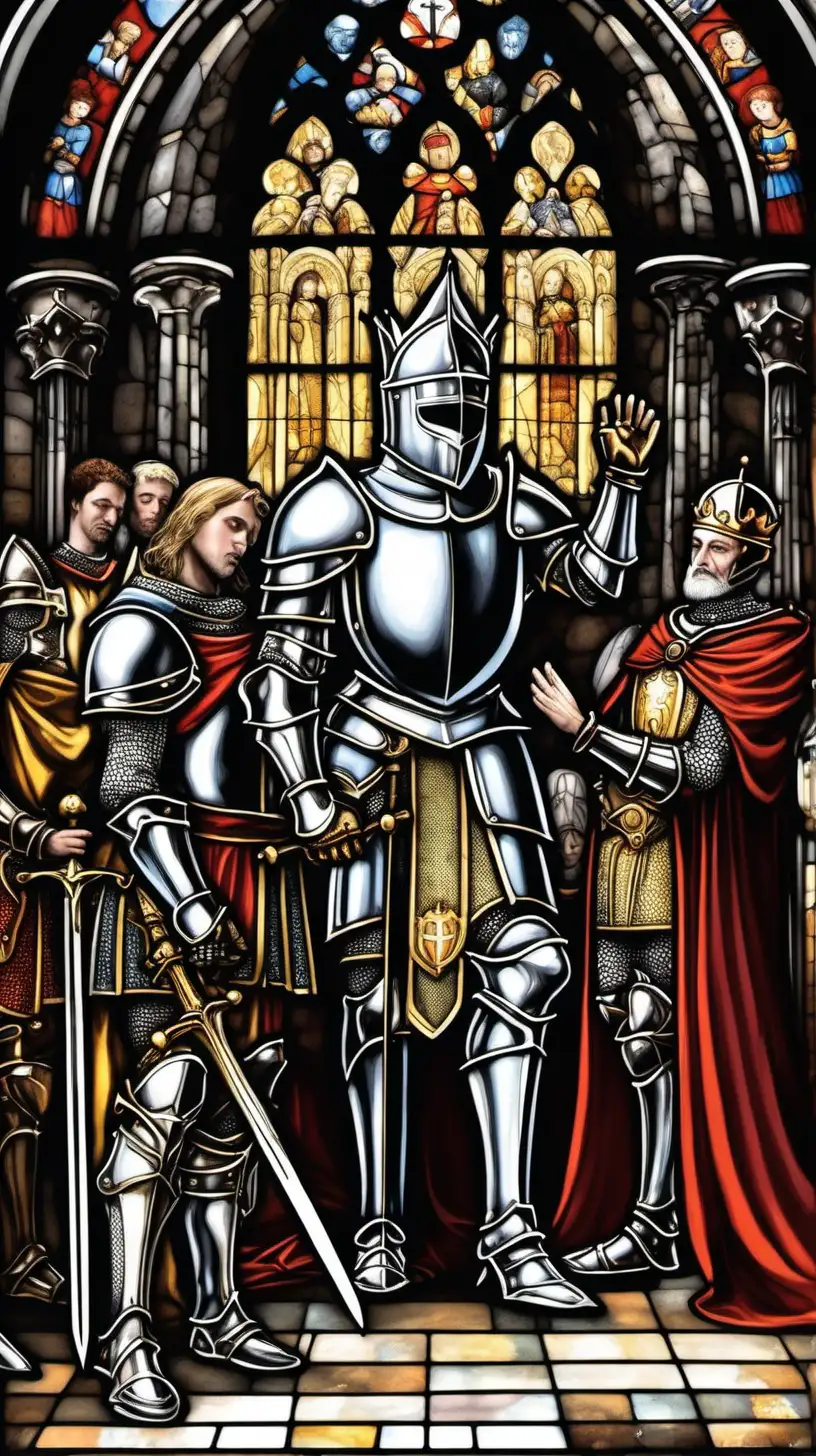 Knight being knighted by king, white knight, glistening armour, royal court, cathedral, throne room and stained glass,