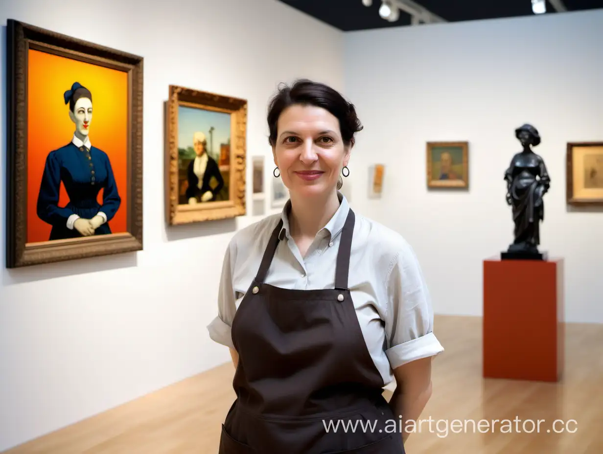 A friendly, pleasant-looking woman aged 35 to 50 works as a "Museum Keeper" in an art gallery of contemporary art with unique treasures of contemporary art, visible objects, and a bright background.