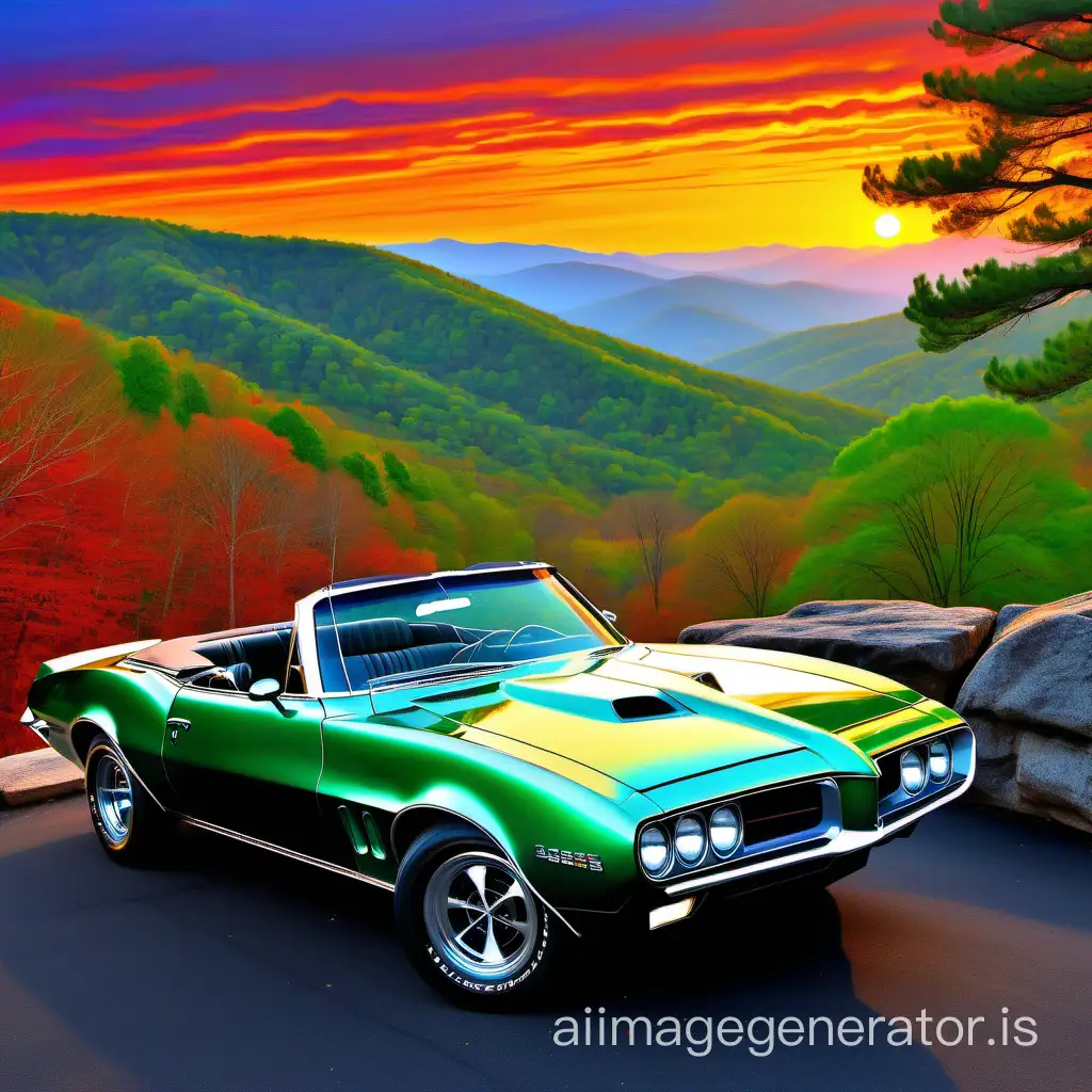 Abstract painting as a whole shot of a new unmodified as with no hood scoop stock model first generation light-metallic green-color exterior and black  interior 1967 Pontiac Firebird convertible car with the top down which sits parked on a rock road overlooking a beautiful Tennessee countryside mountain with trees scattered throughout the background as the sky fills with color at sunset. Best resolution, ultra-lens, accurate, realism, detailed, symmetrical, proportionate, stunning, awesome.