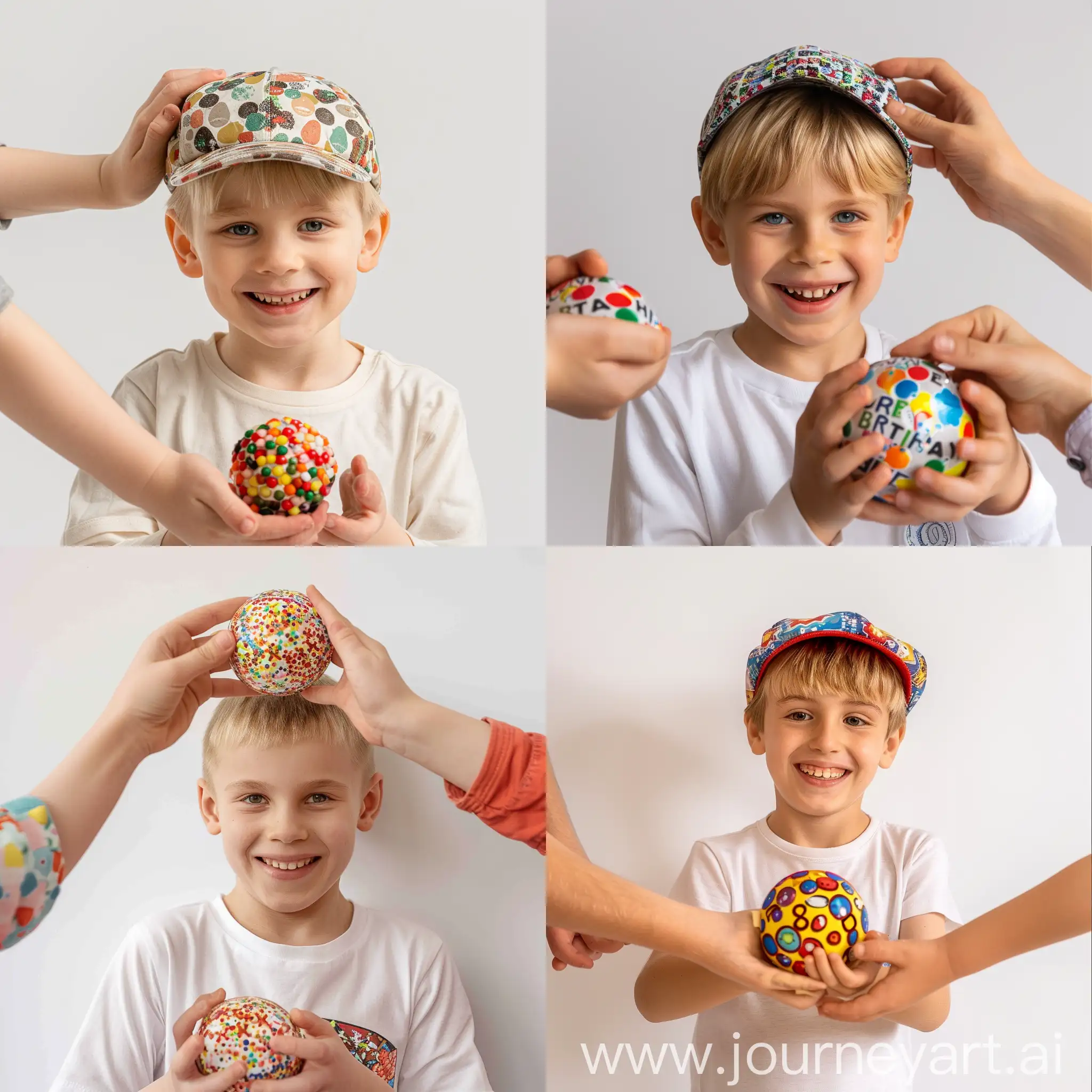 a detailed, extremely realistic photoshot taken from a distance of 3 meters of a European blond-haired boy 8 y.o. with a short haircut celebrating his birthday. He is smiling,  a festive ball in his hands. The entire image is displayed on a white background, with the hands and cap fully visible