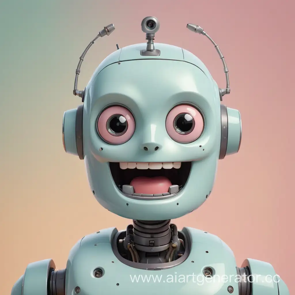 Покажи робота с выражением дружелюбия на лице, на однотонном фоне пастельного цвета