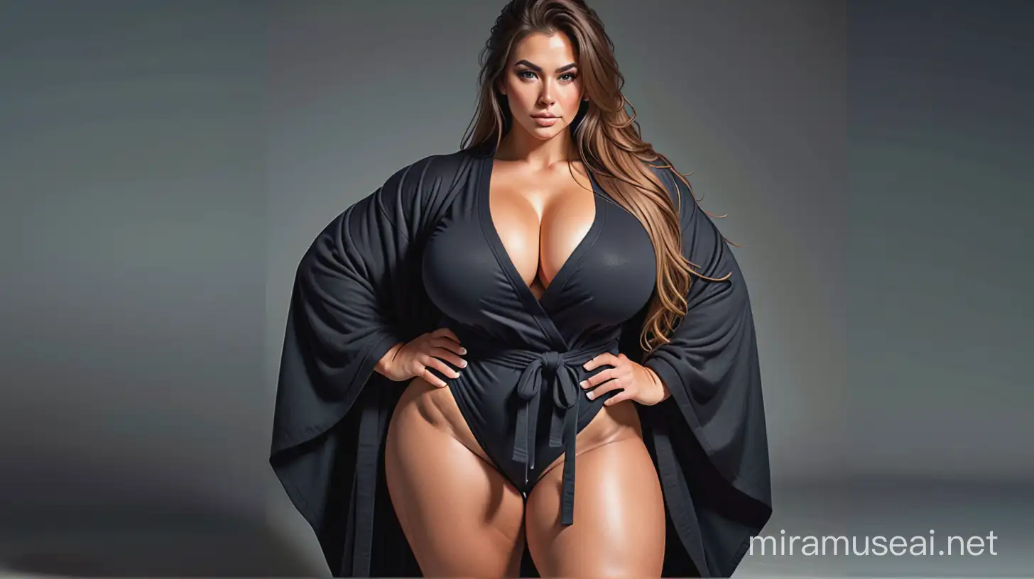 Extremely muscular woman; extremely muscular arms; extremely gigantic woman; very big breasts; cleavage; beautiful; sexy; seductive; cute; tanned; extremely muscular six-pack; extremely massive abs; long messy pony; extremely colossal woman; extremely massive thighs; extremely muscular thighs; black robe with tailed sleeves; cleavage; extremely long hair; wearing a sweatshirt with kimono sleeves;
