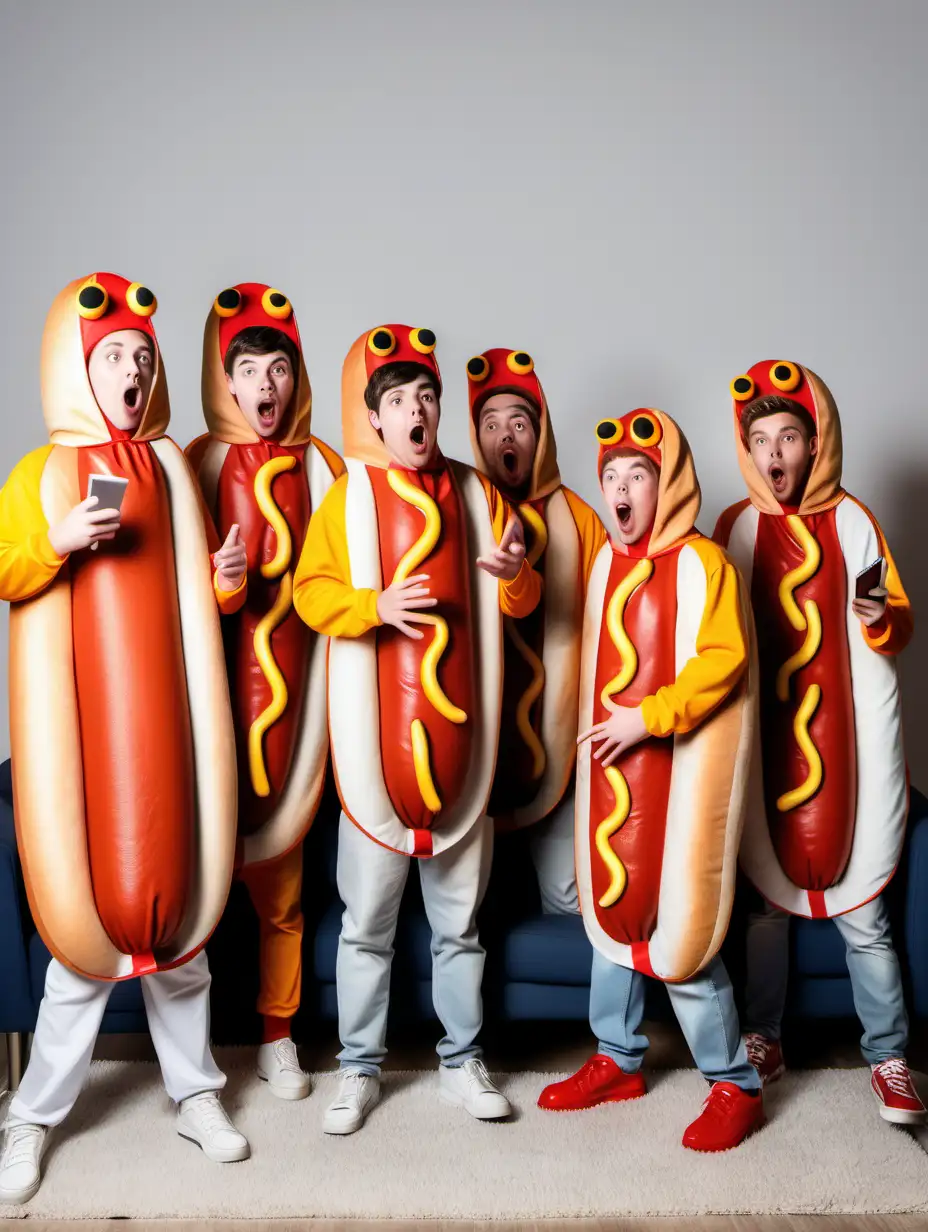 Seven teenagers wearing hotdog costumes, watching a football game on tv, singing karaoke
