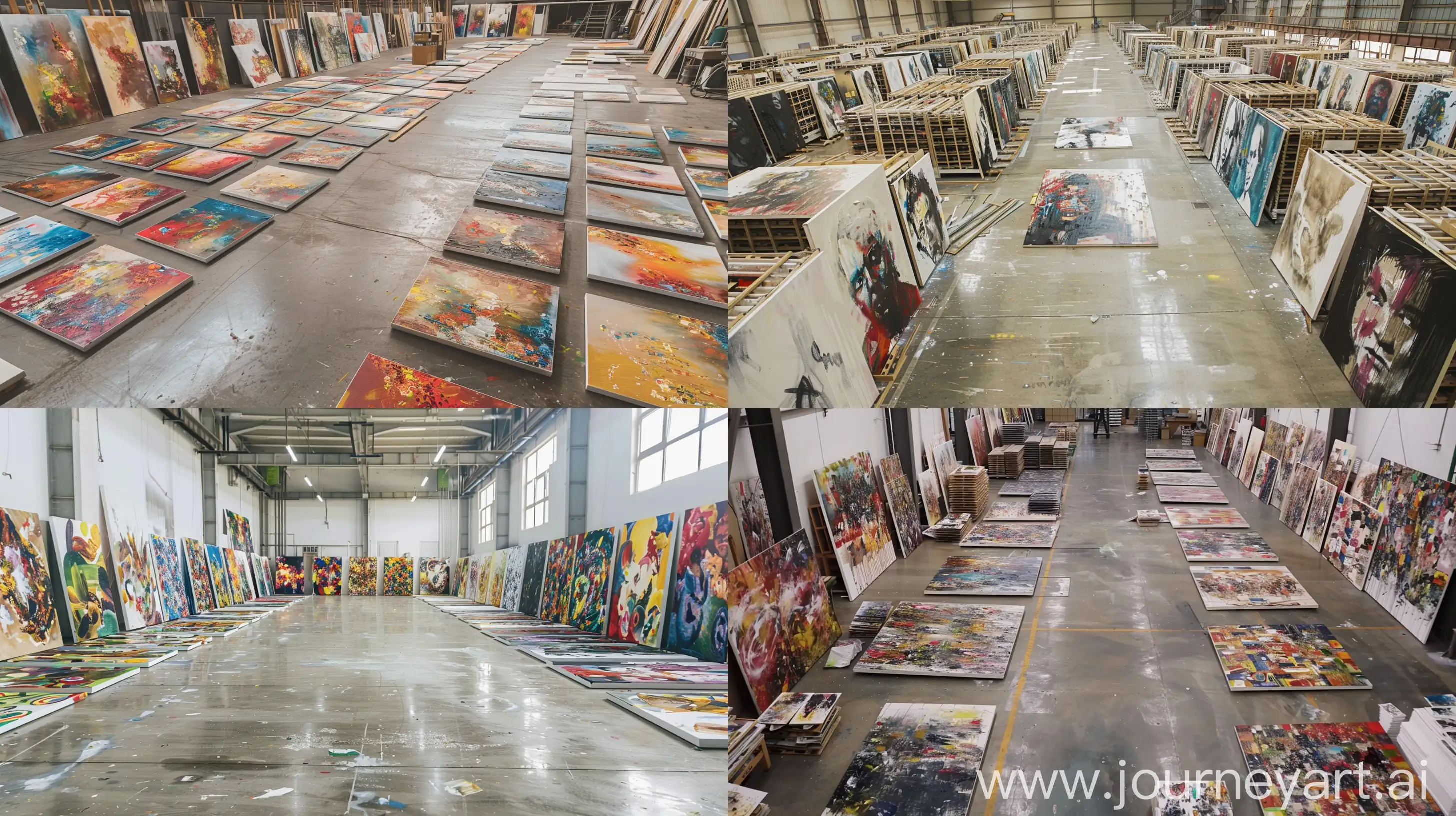 超大型油画工厂里堆满了油画作品，精美油画靠在一块成排有序的放置在地板上，大量抽象油画充满整个油画工厂，水泥地板干净整洁 --ar 16:9 --v 6 --iw 2
