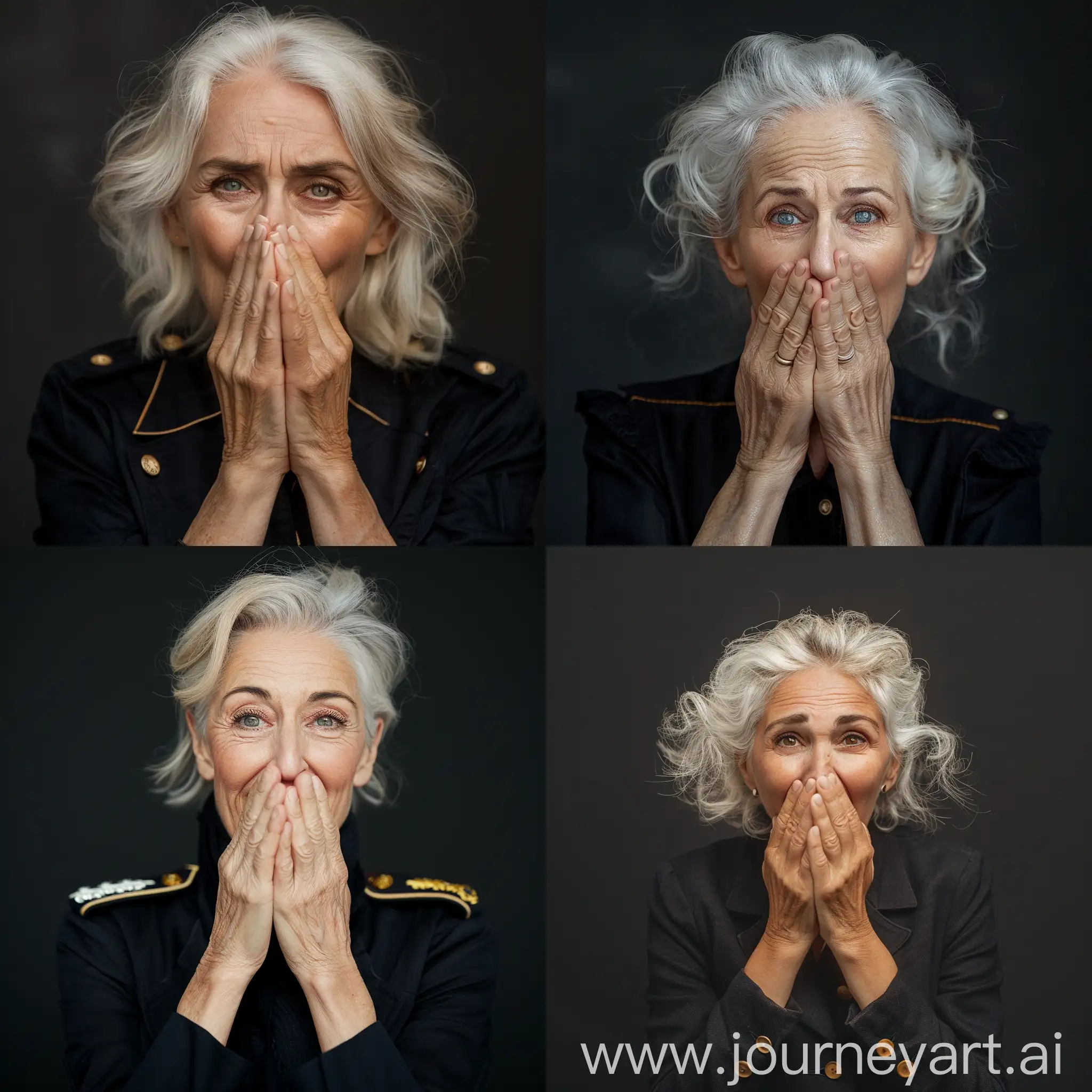 European stylish woman 60 - 70 years old covers her mouth with her hands, stock photo, magazine photo, positive photo, uniform background