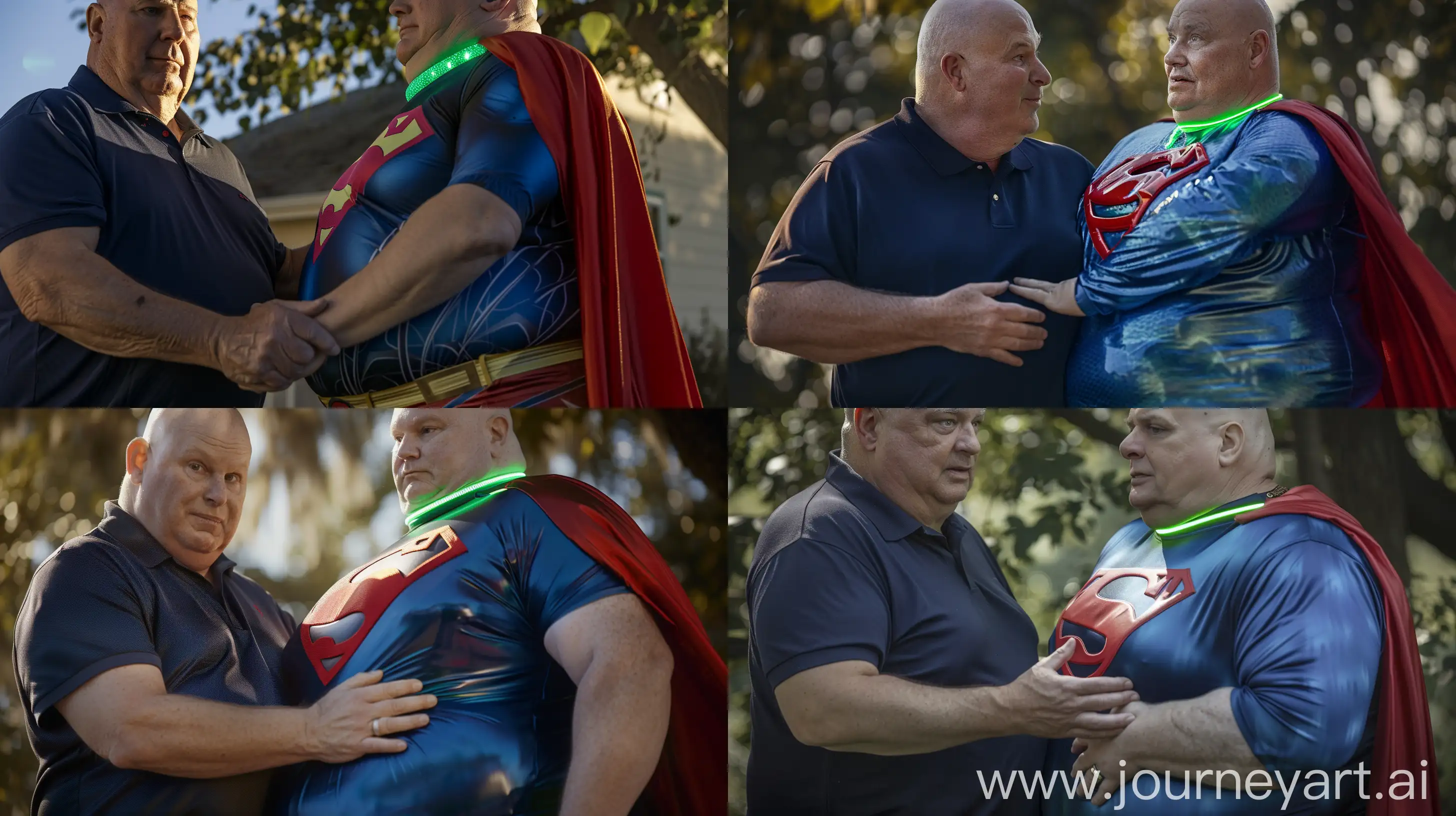 Close-up photo of two men. On the left is a fat man aged 60 wearing a silk navy sport polo shirt. On the right is a very fat man aged 60 who is wearing a tight silk blue complete superman costume with a red cape and a tight green glowing neon dog collar. The man on the left is placing his hand on the waist of the man on the right. Outside. Bald --style raw --ar 16:9
