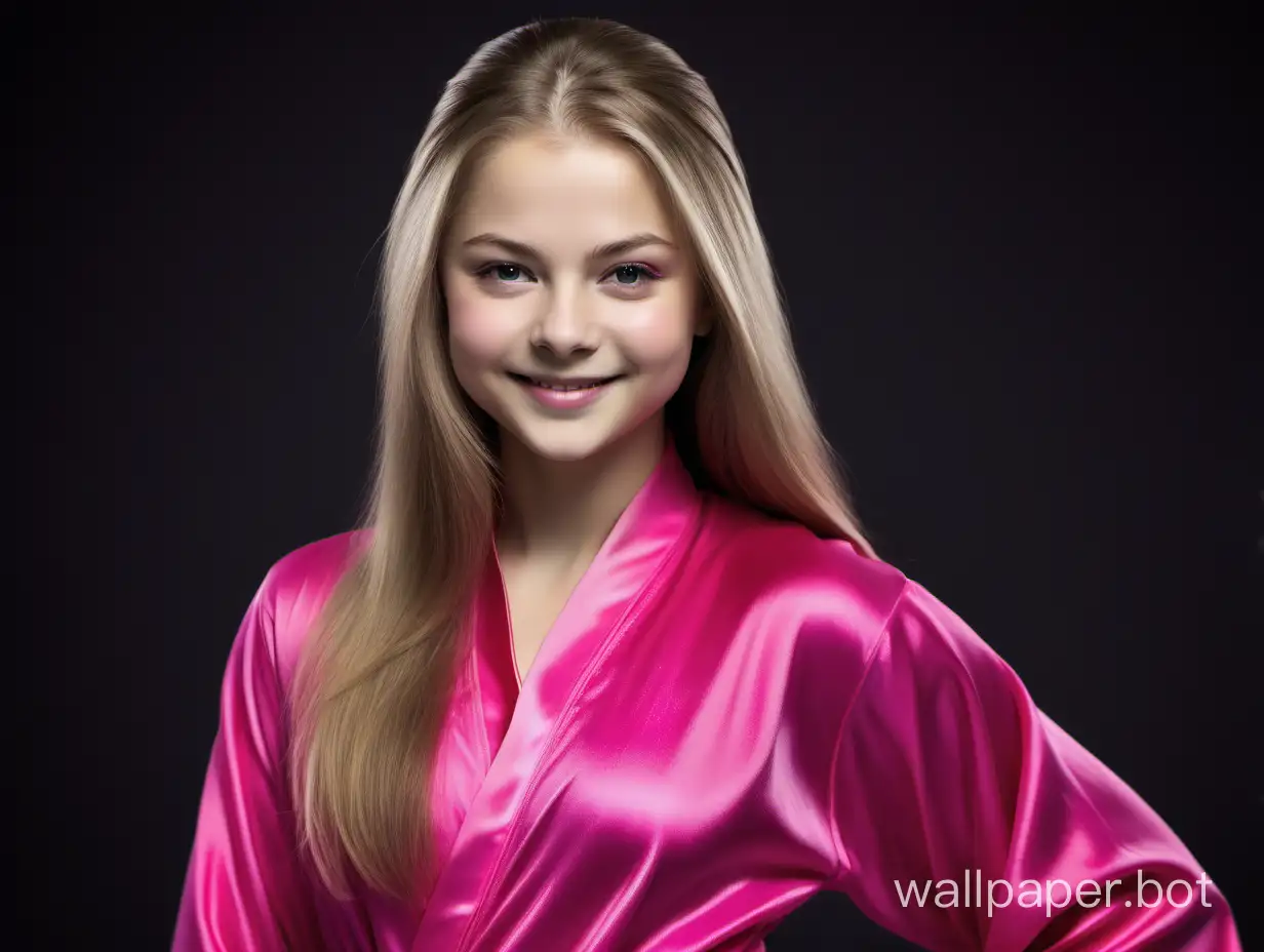Yulia Lipnitskaya smiles beautifully with long straight hair in a luxurious, delicate silk robe of fuchsia pink