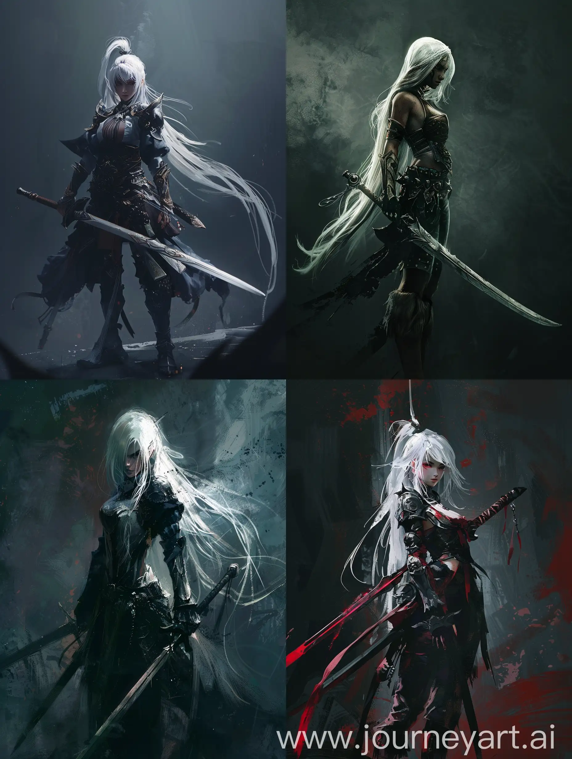 Девушка воин с мечом и белыми косами стоит на темном фоне
