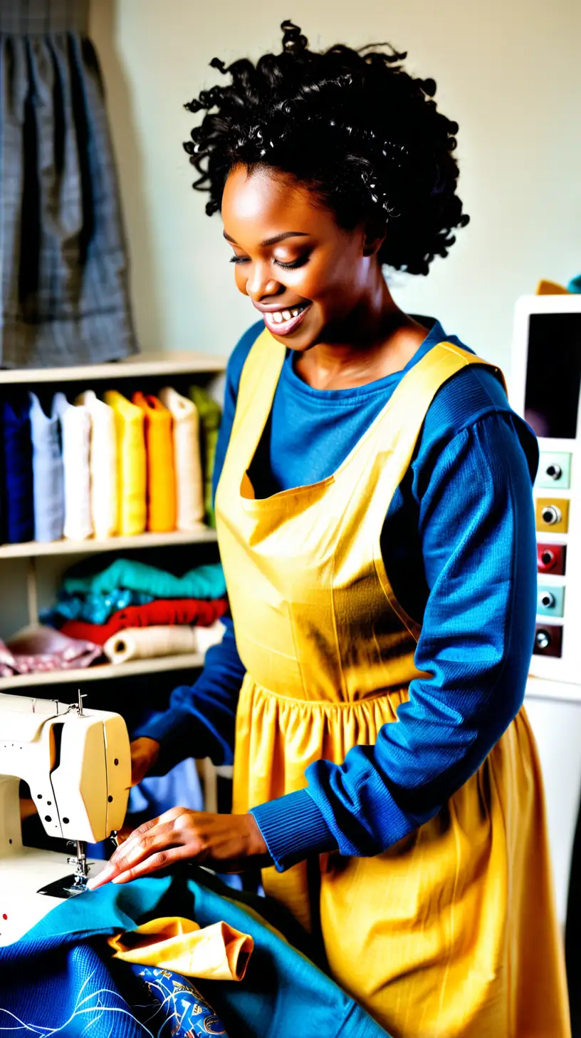 Black woman with a from in long modest yellow dress and blue sweater sewing clothes