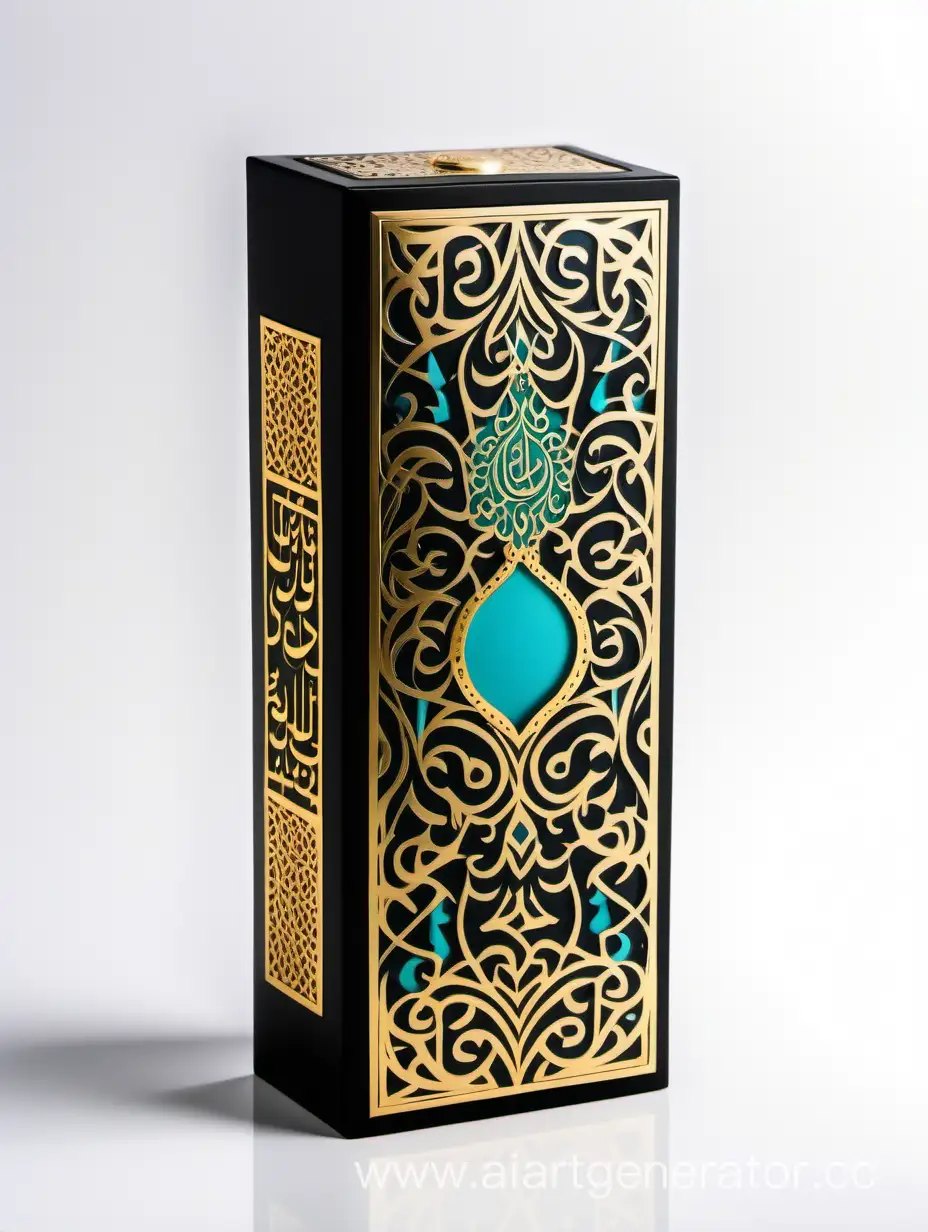 Luxurious-Arabic-Calligraphy-Perfume-Box-in-Dark-Matt-Black-and-Gold-Turquoise
