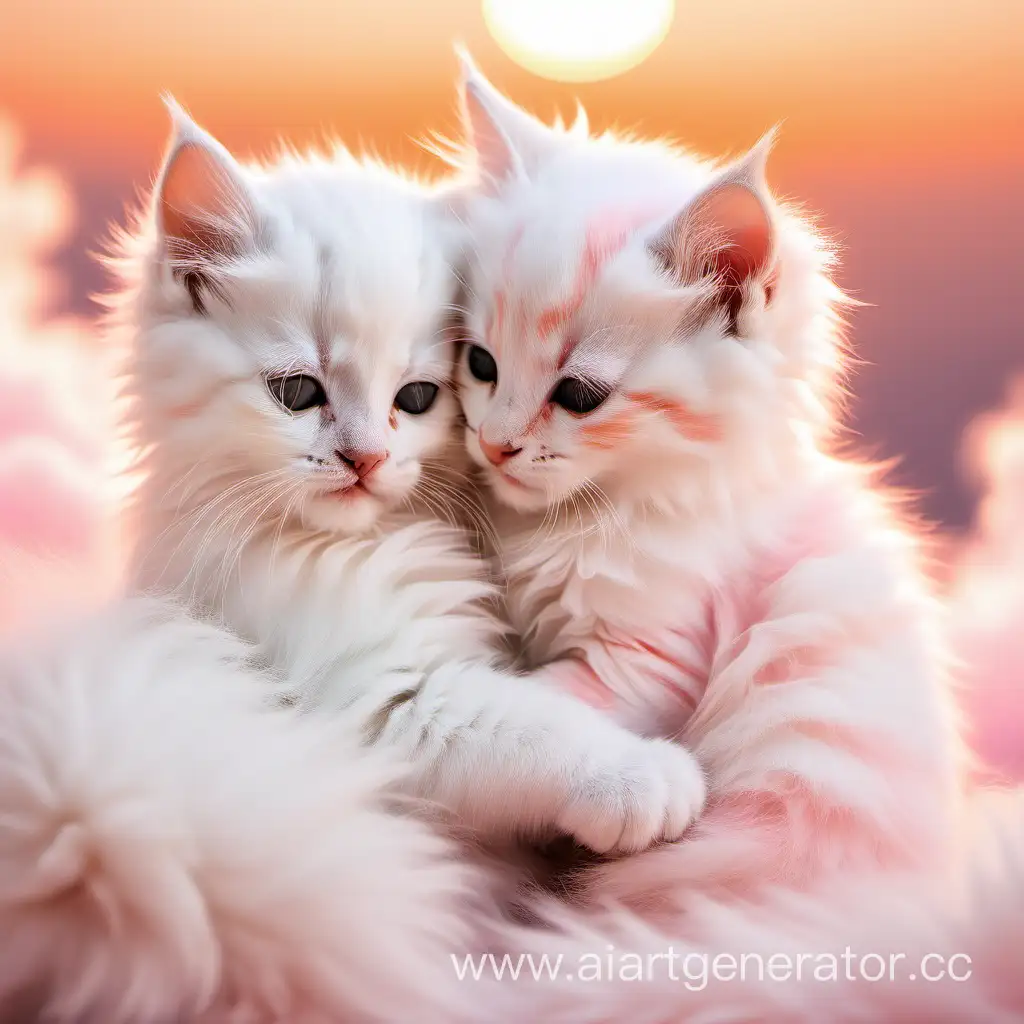 Два котёнка обнимаются белых пушистые как облако , рассвет оранжевый розовый