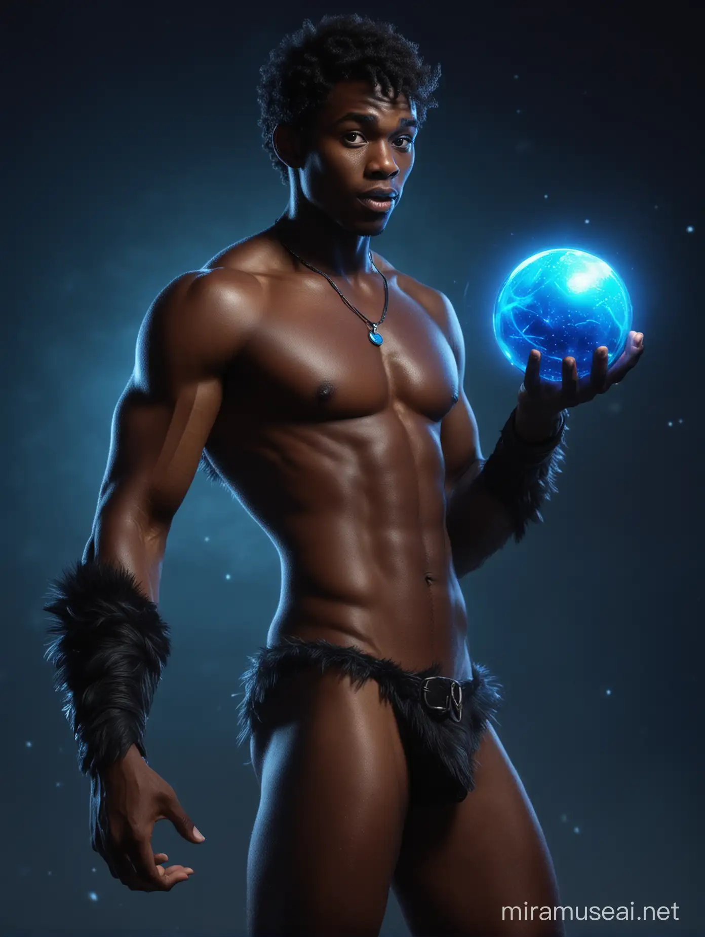Muscular Shirtless Black Peter Pan Flying with Blue Orb in Neon Night Sky
