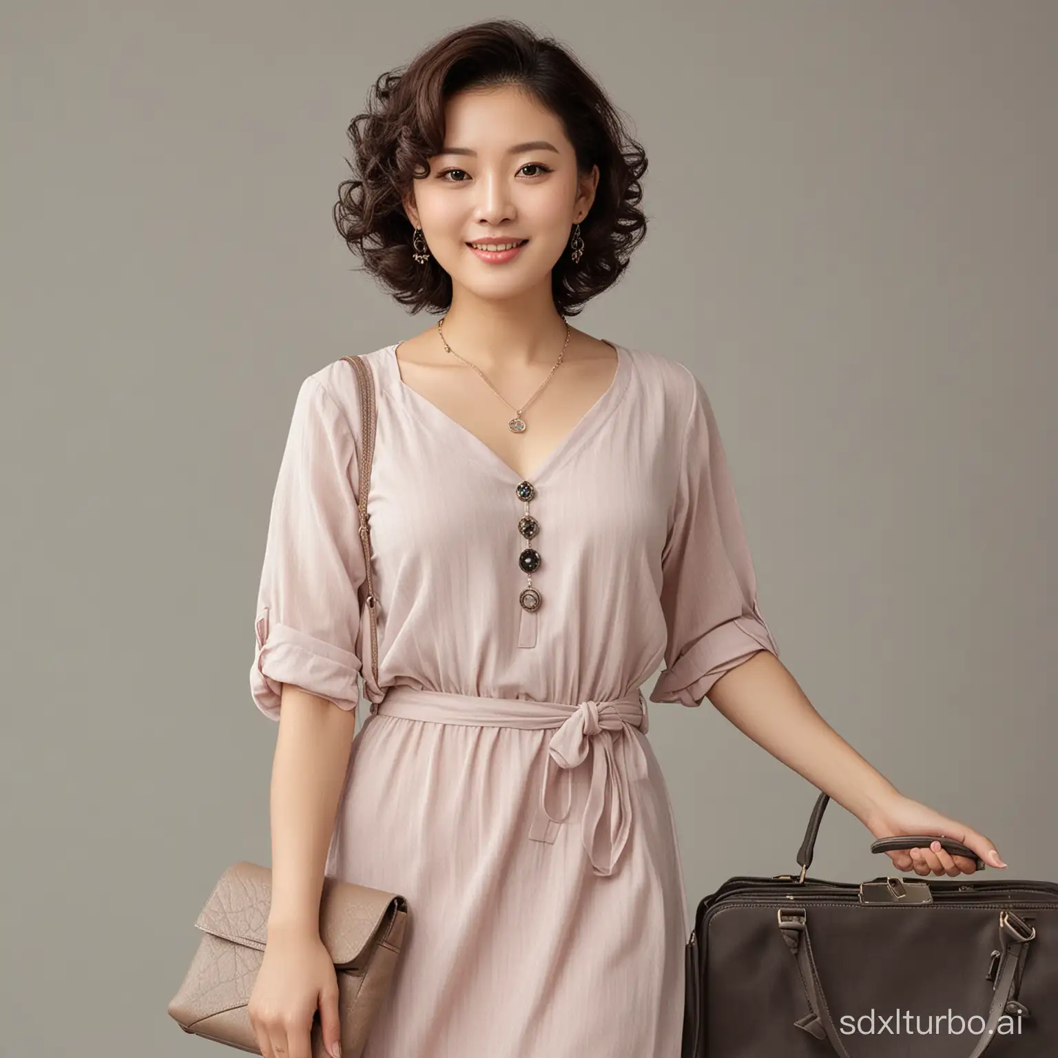 Chinese women around 35 years old, plump and elegant, with curly hair, wearing a casual dress, necklace, watch, and handbag.