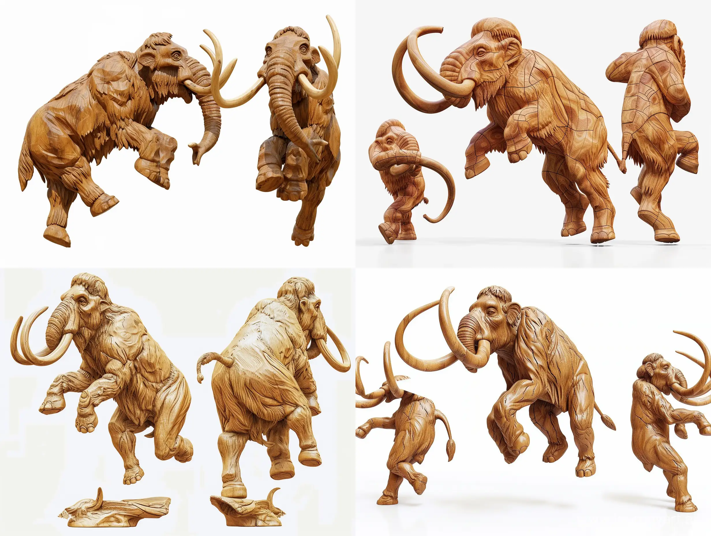 Ultra-Realistic-Wooden-Woolly-Mammoth-Sculpture-Jumping-in-Full-Profile-and-Front-View