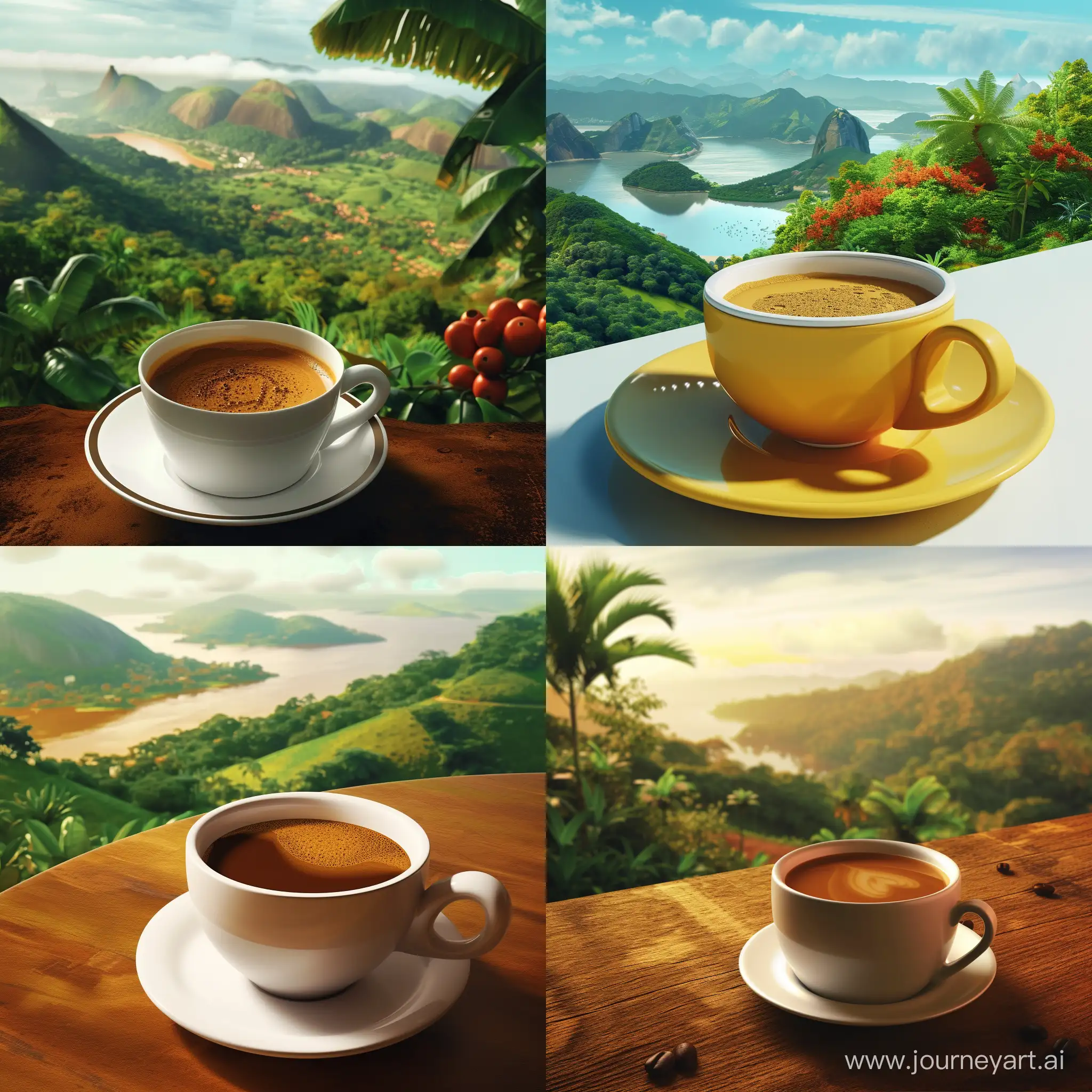 3д иллюстрация, на переднем плане чашка ароматного кофе, на заднем плане пейзаж Бразилии, яркий и сочный