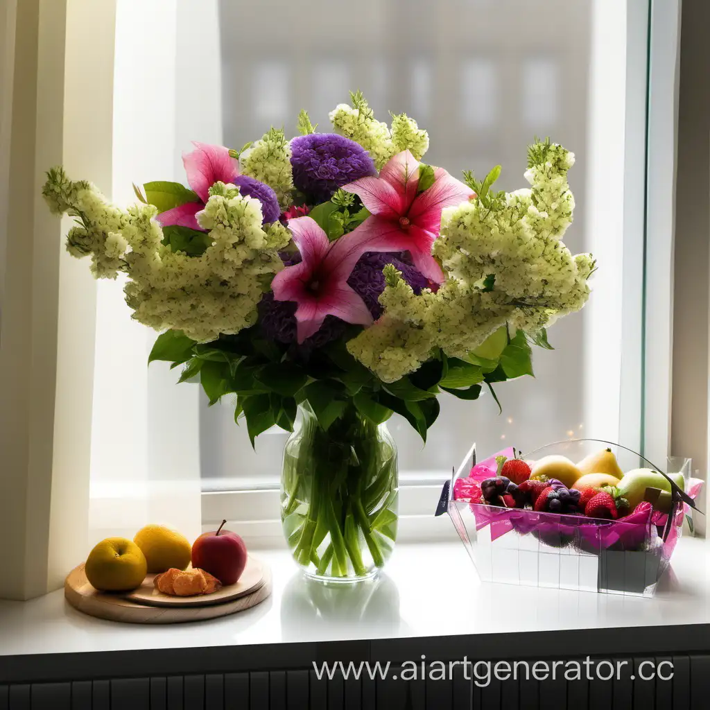 цветы для поздравления наташе с днем рождения в вазе с открыткой
на фоне окна и фрукты еще 