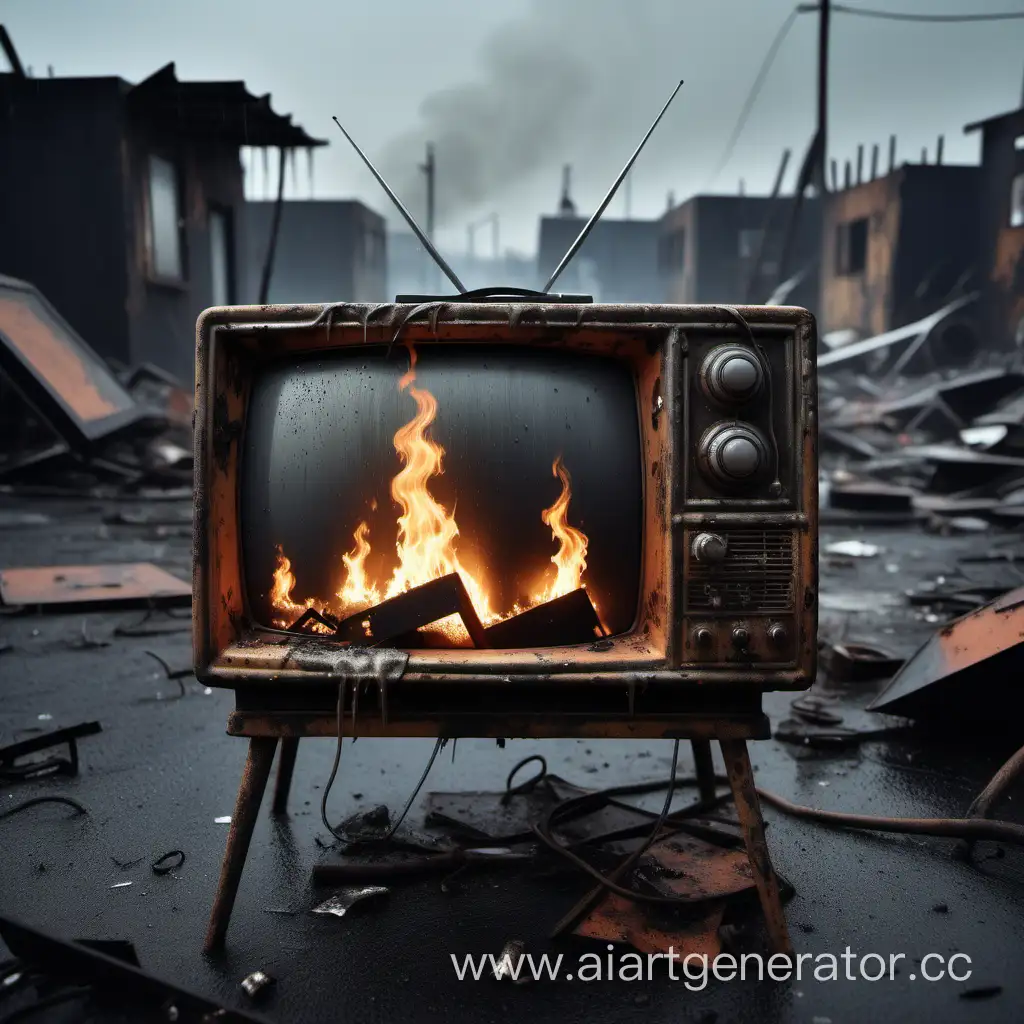 A little homless a television in flames in a toxic wasteland, natural rust and grime detail, rustic sophistication. rain, night, a
