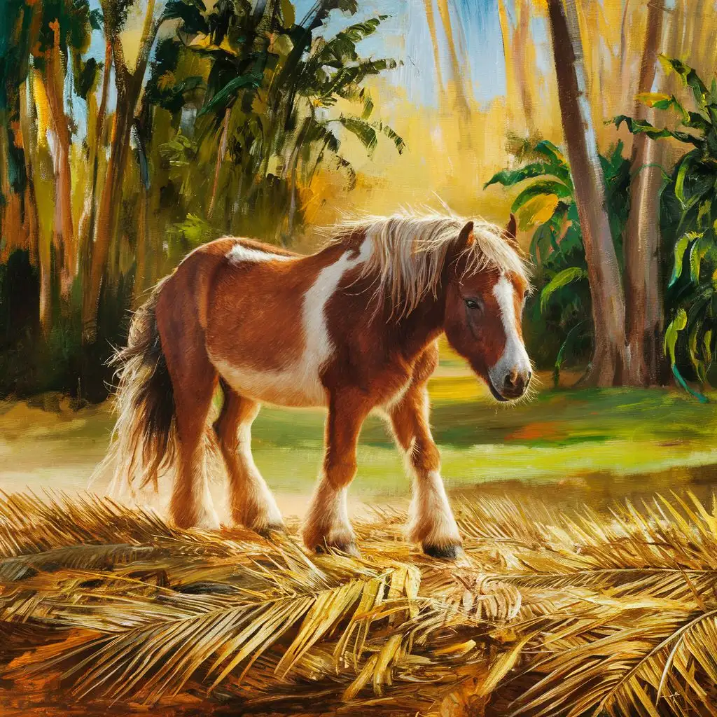 A painting of a rugged pony, walking on palm leaves, Bruno Amadio style, G. Bragolin style 
