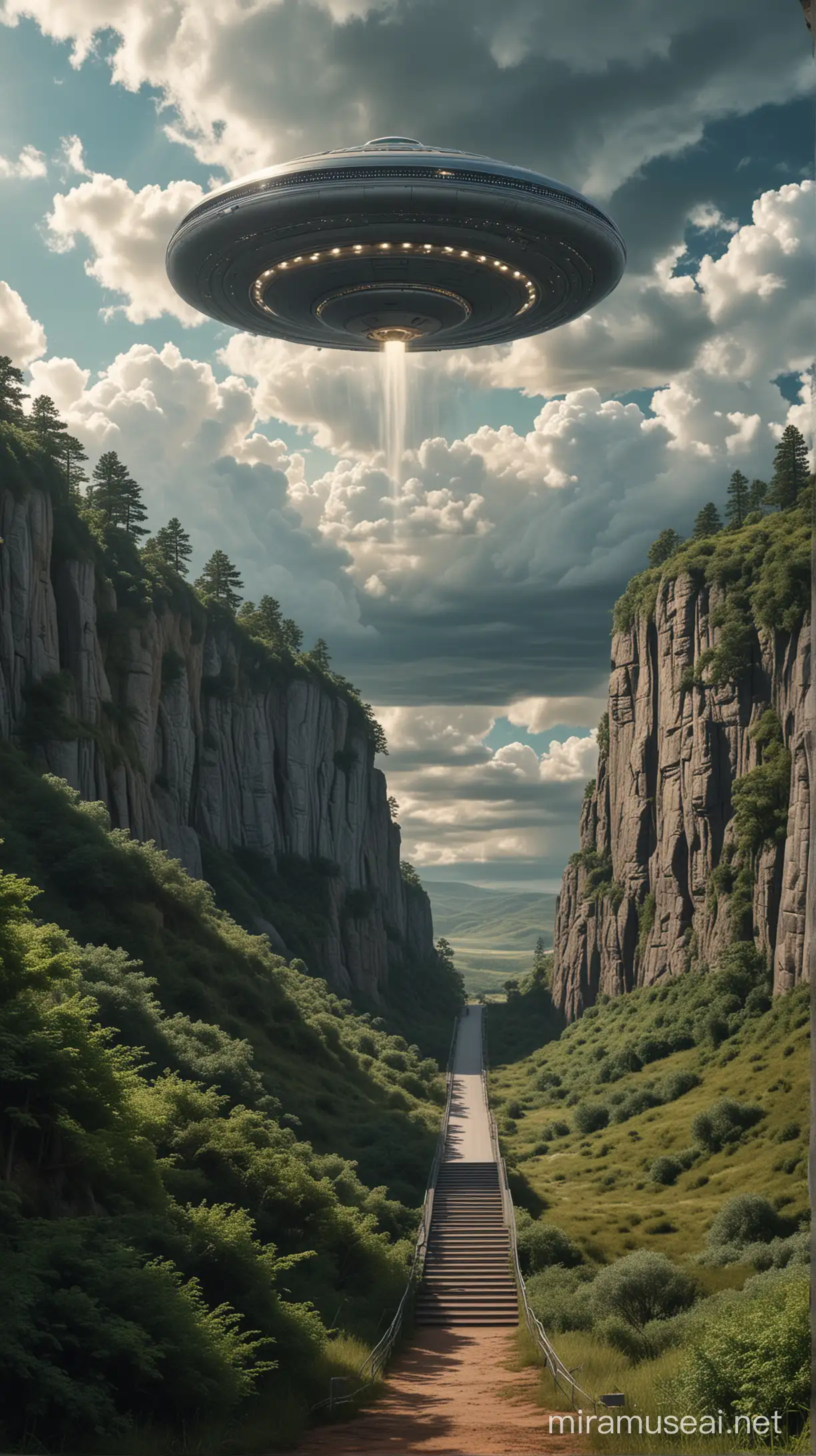 In this captivating and detailed scene, former President Donald Trump is depicted stepping down a grand staircase from a massive, otherworldly UFO. The setting is a serene countryside landscape, with lush greenery and a clear sky dotted with a few fluffy clouds. The UFO, metallic and sleek, stands prominently against the natural backdrop. Make Donald Trump from very close up 