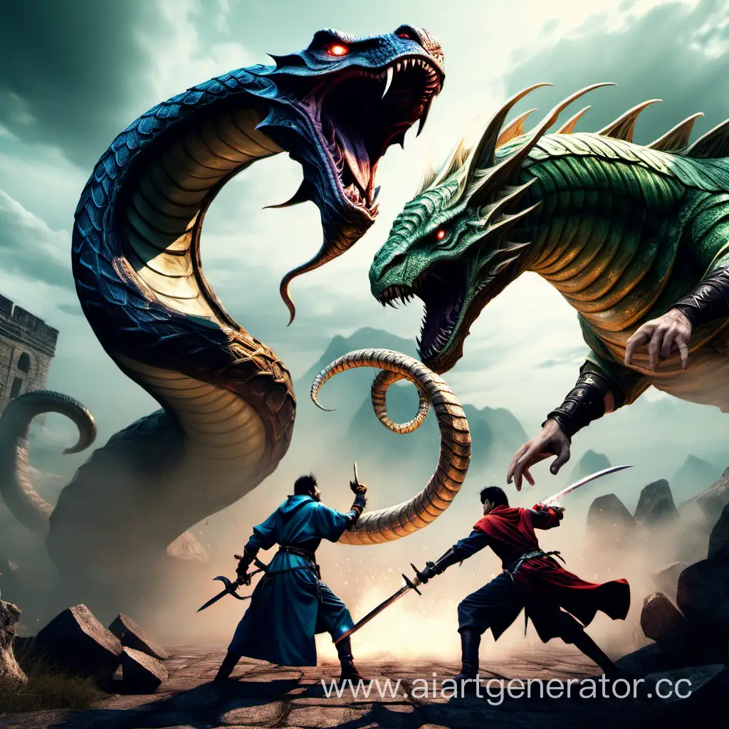 mage and swordsman fighting with giant serpent