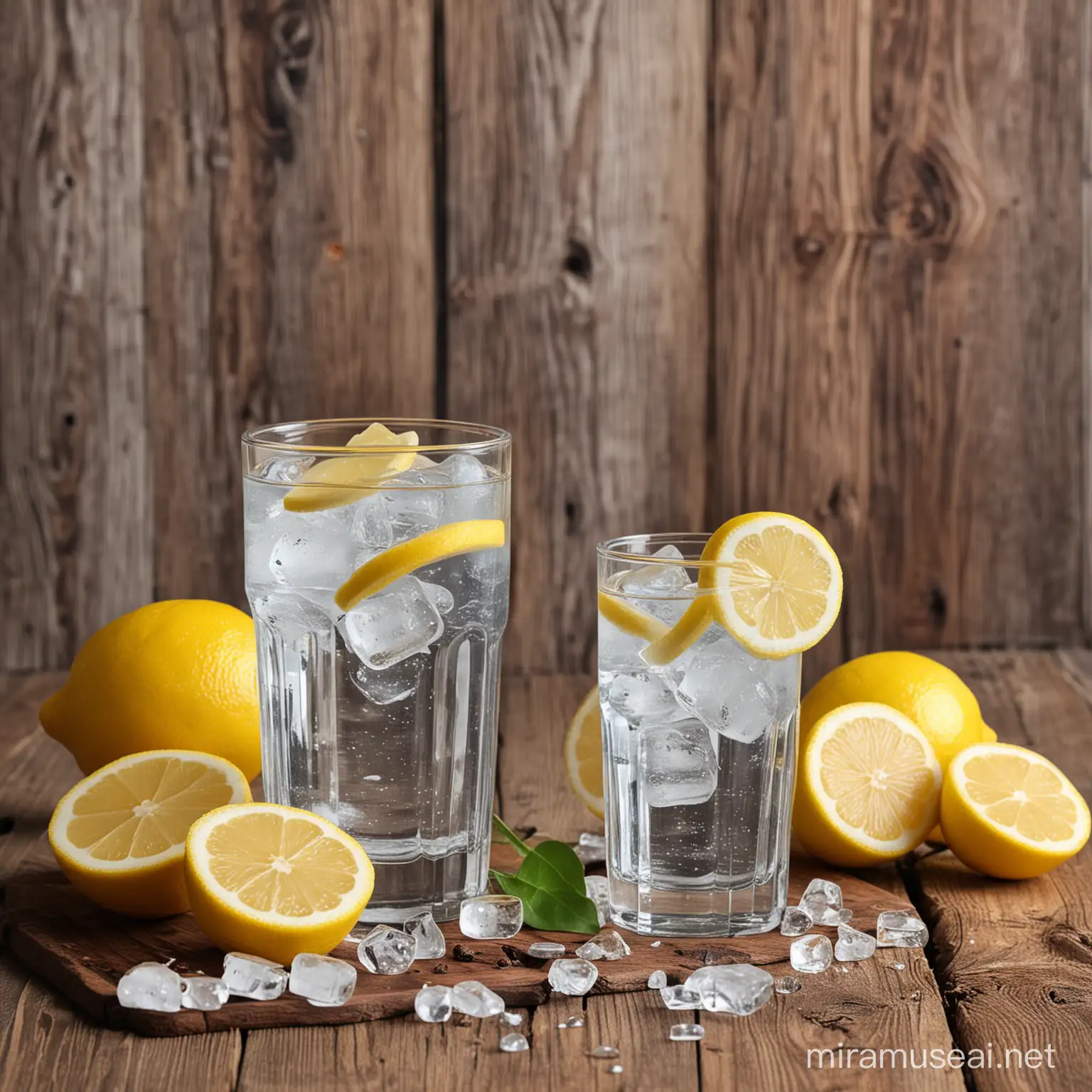 Refreshing Mineral Water with Ice and Lemon on Rustic Wooden Table Against Wooden Wall
