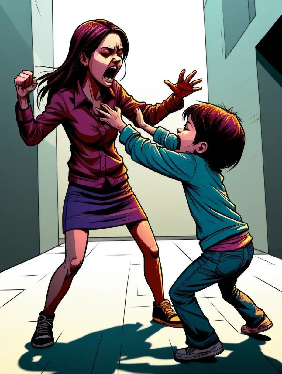 /imagine kids illustration, "Karen" beating someone up, cartoon style, thick lines, low detail, vivid color - - ar 85:110