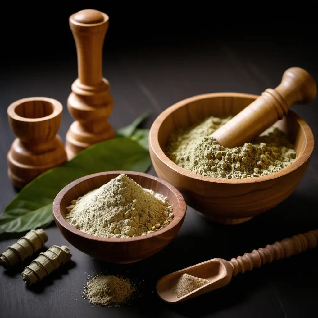 Ayurvedic Shatavari Herb in Wooden Bowl with Mortar and Pestle