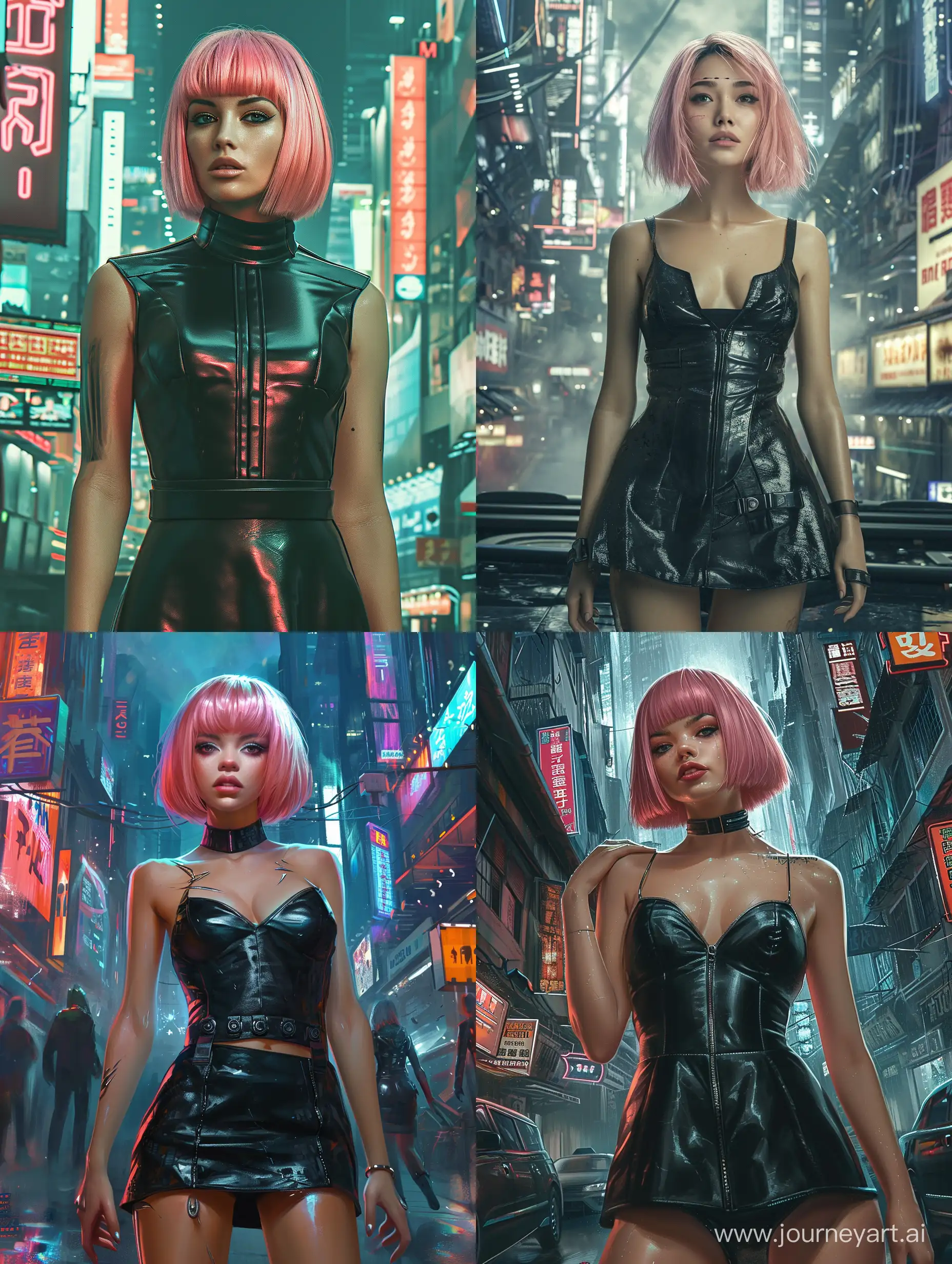 beautiful woman, pink hair, bob cut, wearing a black leather dress, in a cyberpunk city, synthwave, strong facial expression, Film noir aesthetic, artistic darkness, manga art, character art